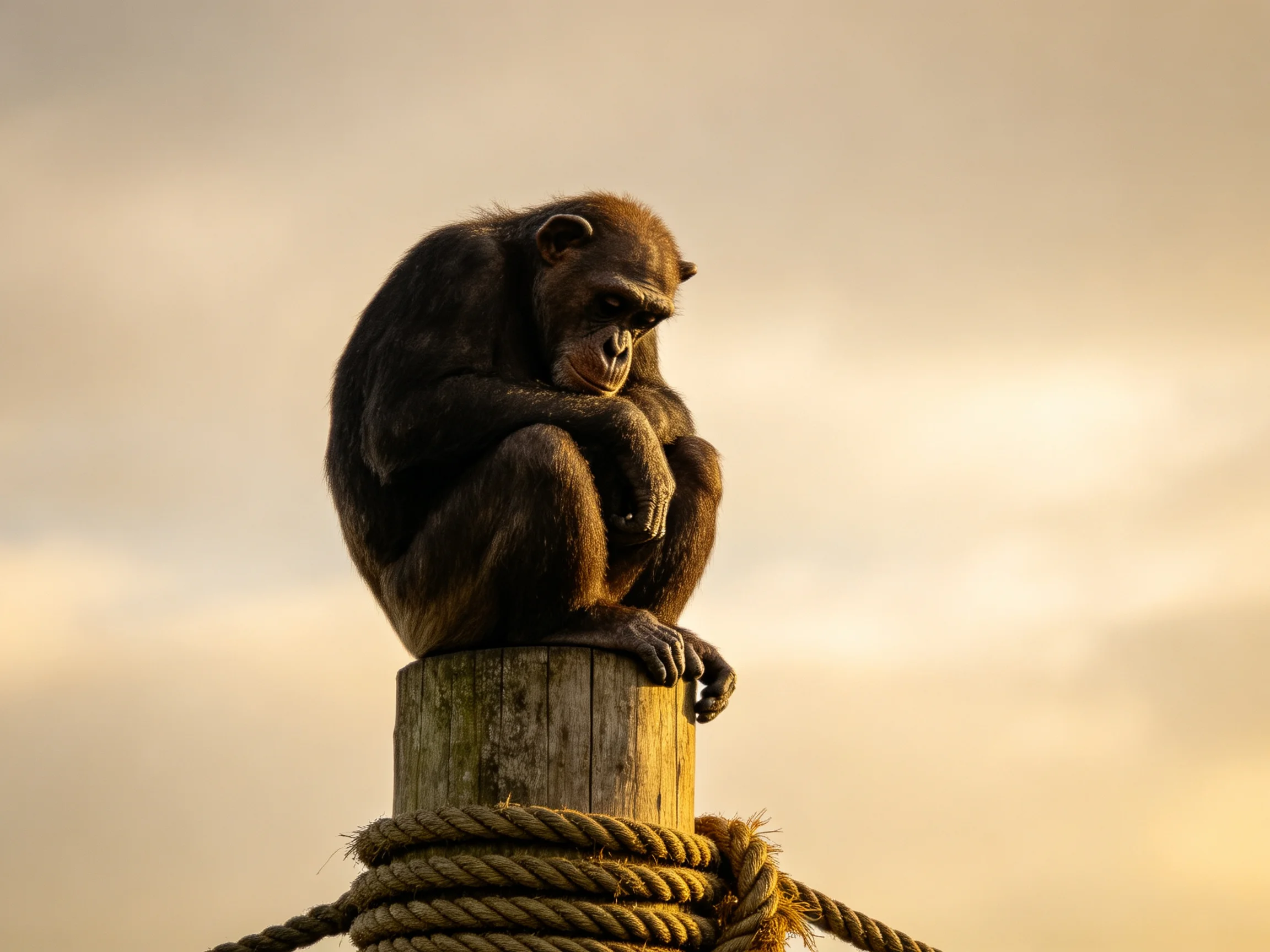 A chimpanzee sits thoughtfully on a wooden post wrapped with rope