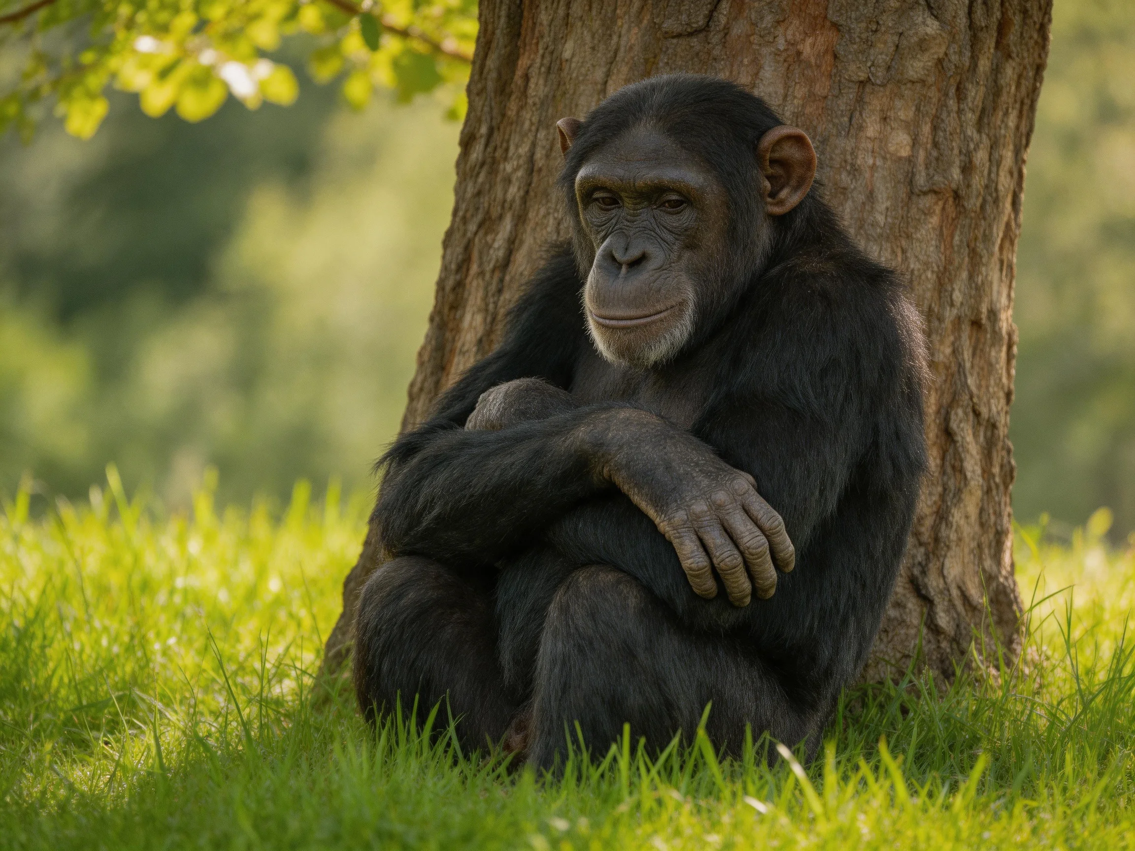 A chimpanzee sits thoughtfully beside a large tree in a sunlit grassy area.