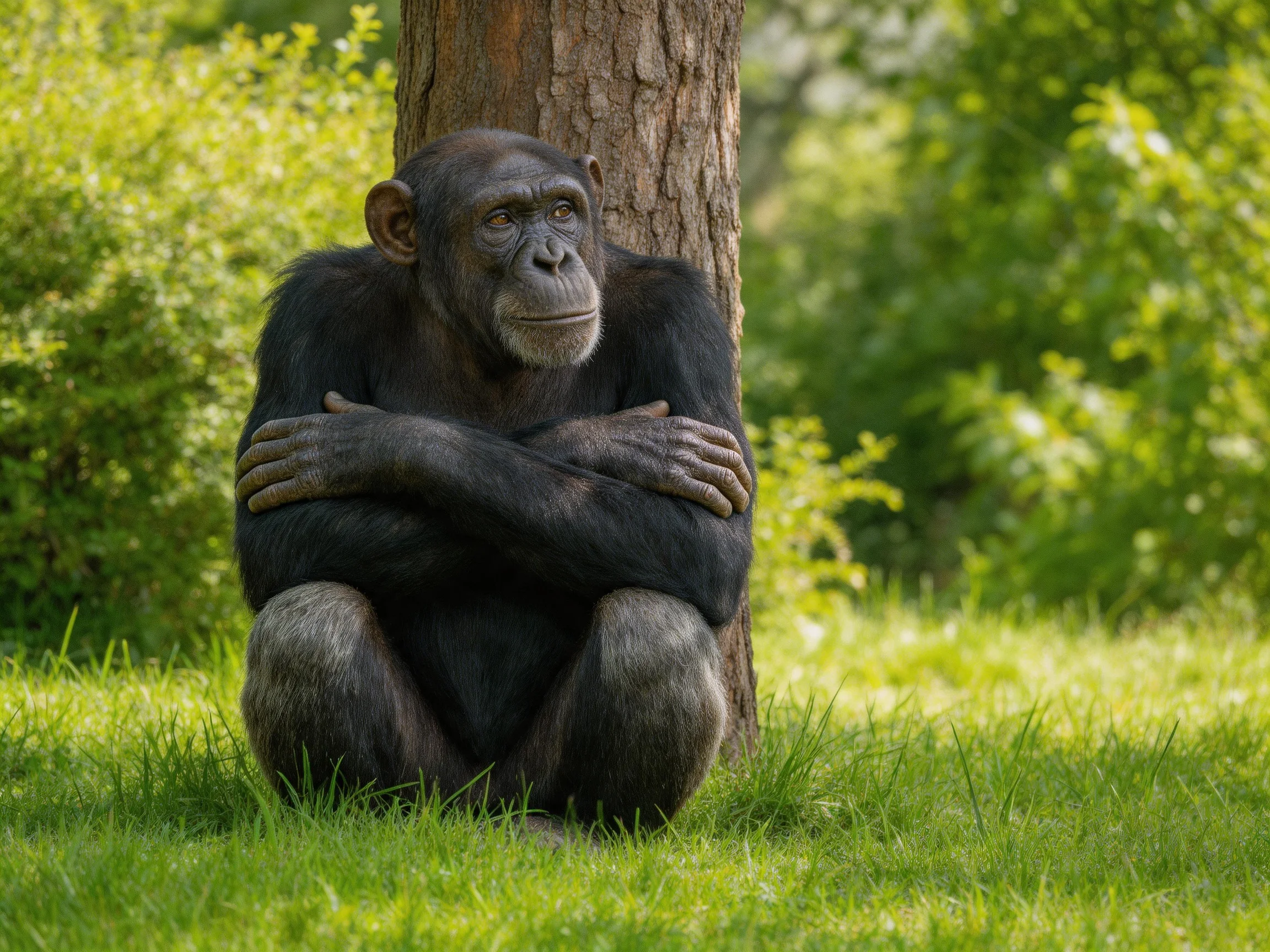 A contemplative chimpanzee sits by a tree in lush green surroundings