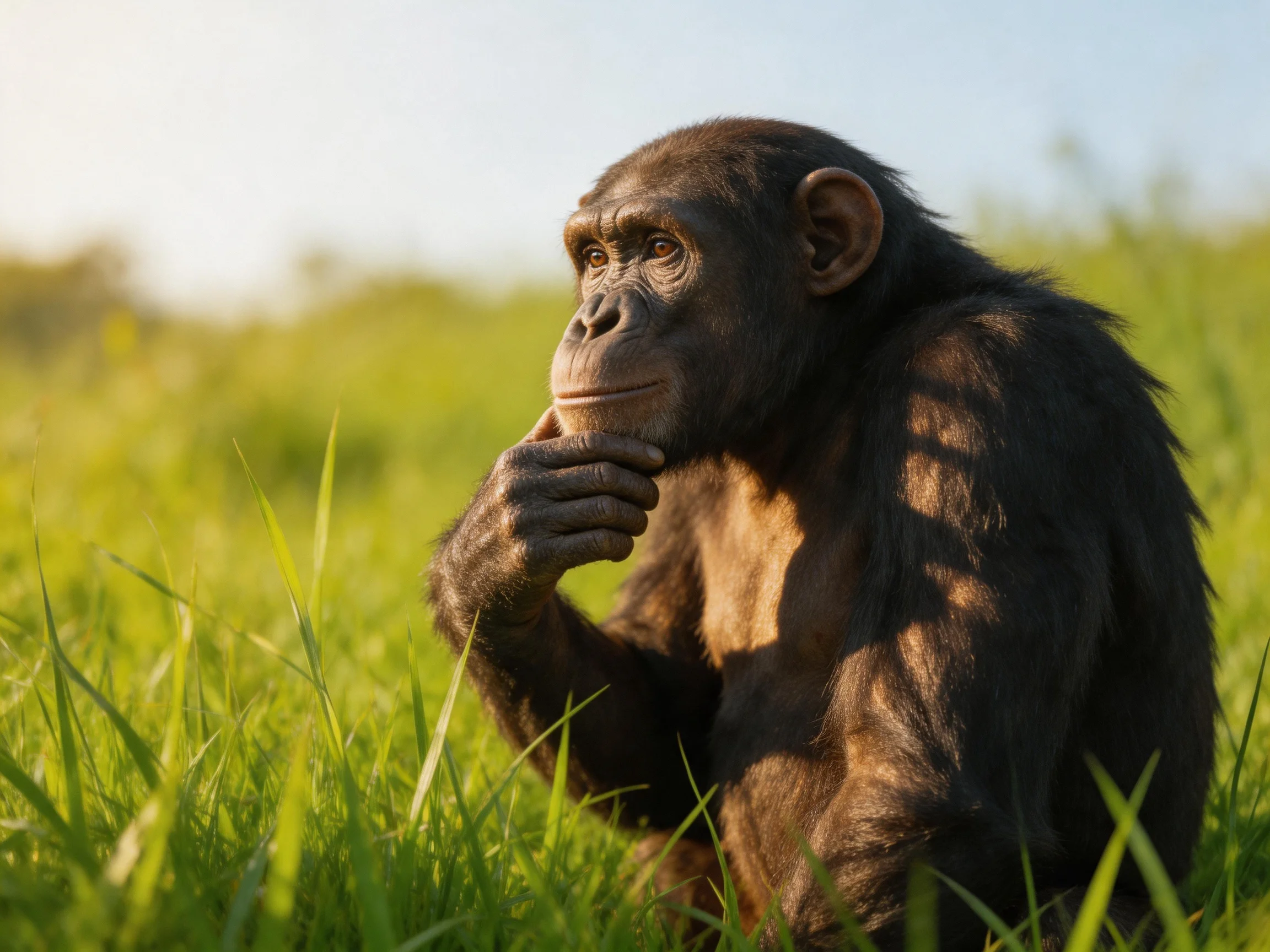 A contemplative chimpanzee rests thoughtfully amid tall green grass.
