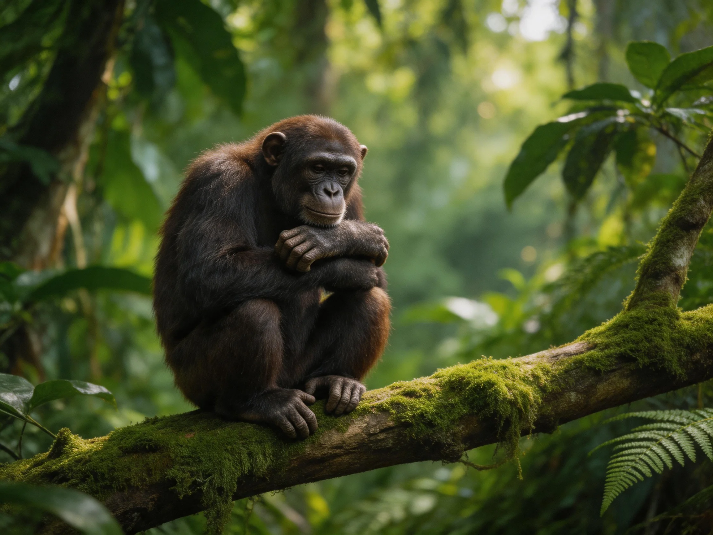 A chimpanzee sits thoughtfully on a mossy branch within a dense forest setting.