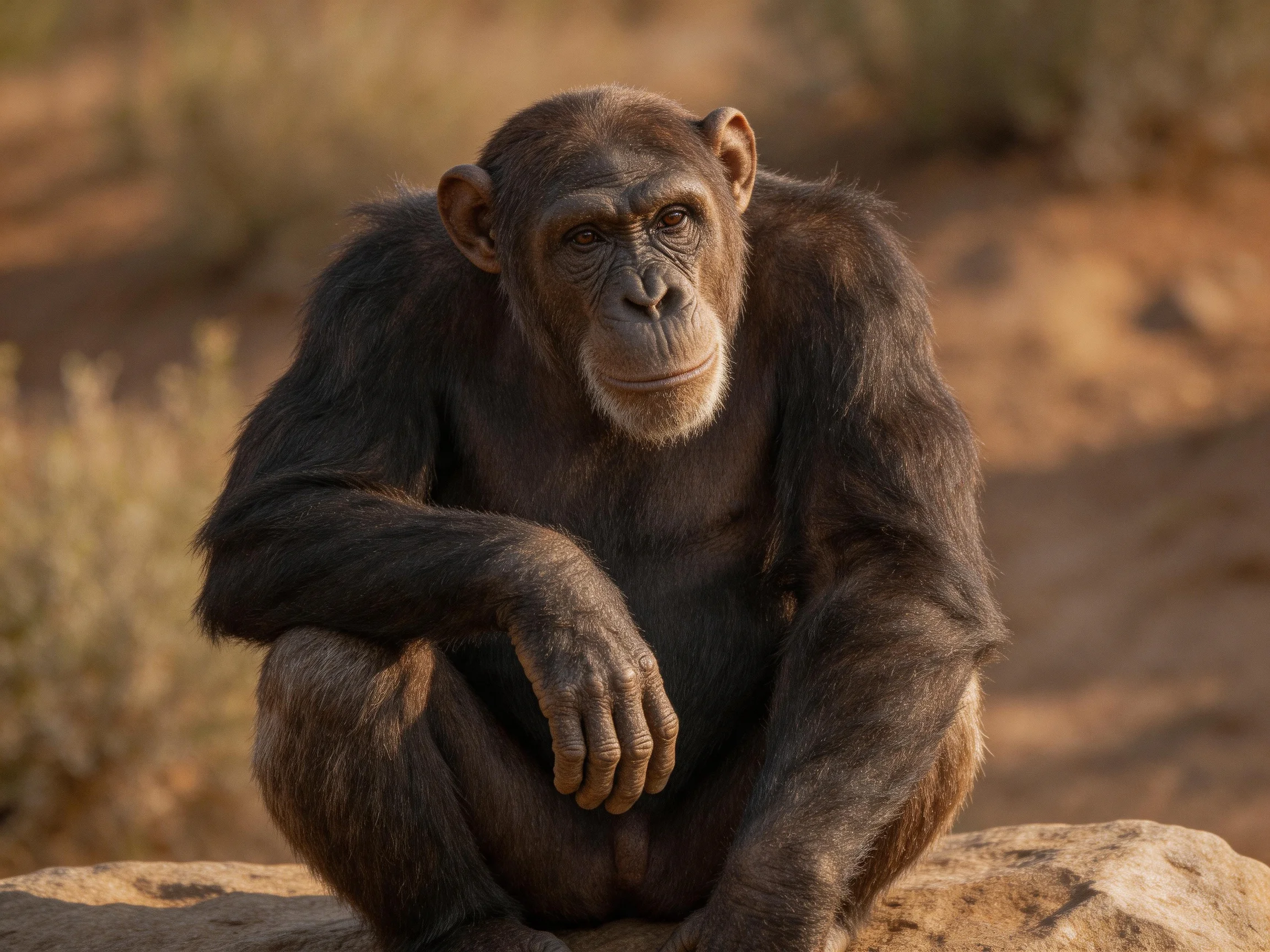 A contemplative chimpanzee sits on a rock in a sunlit, earthy landscape.