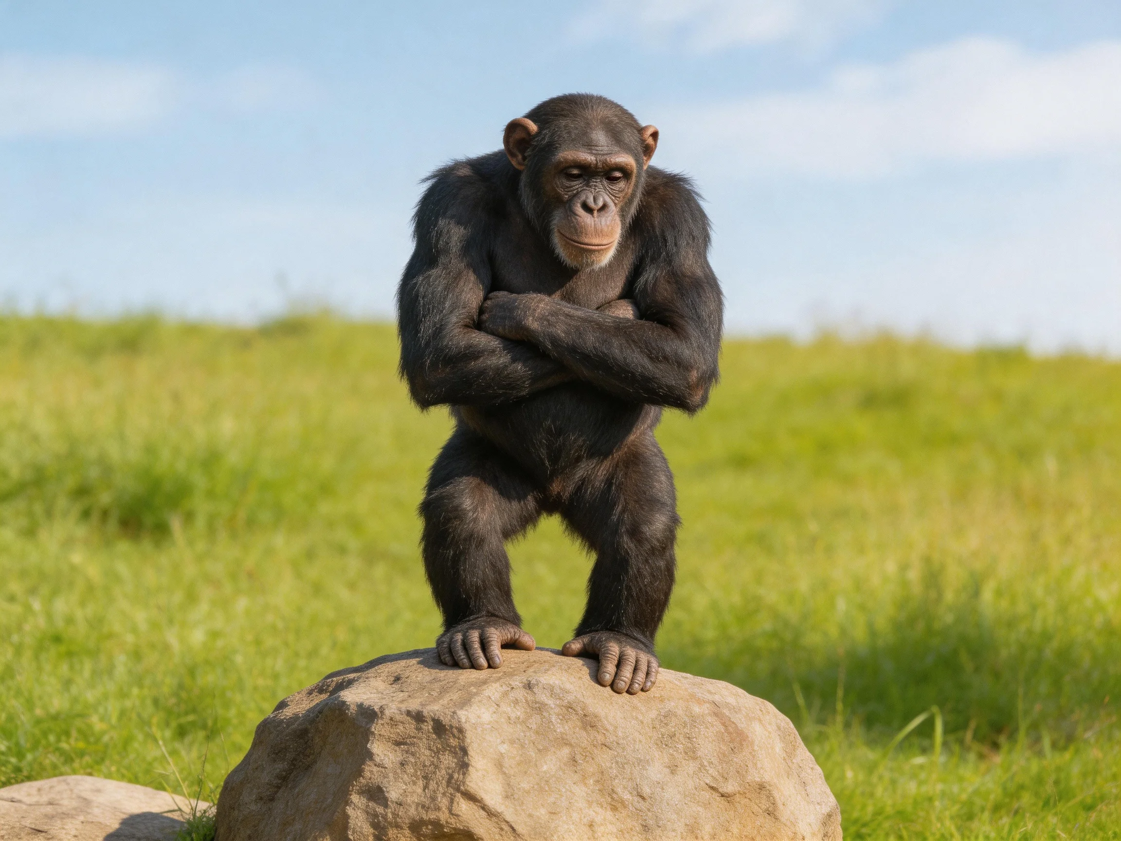 A chimpanzee stands thoughtfully on a rock amid a lush green landscape.
