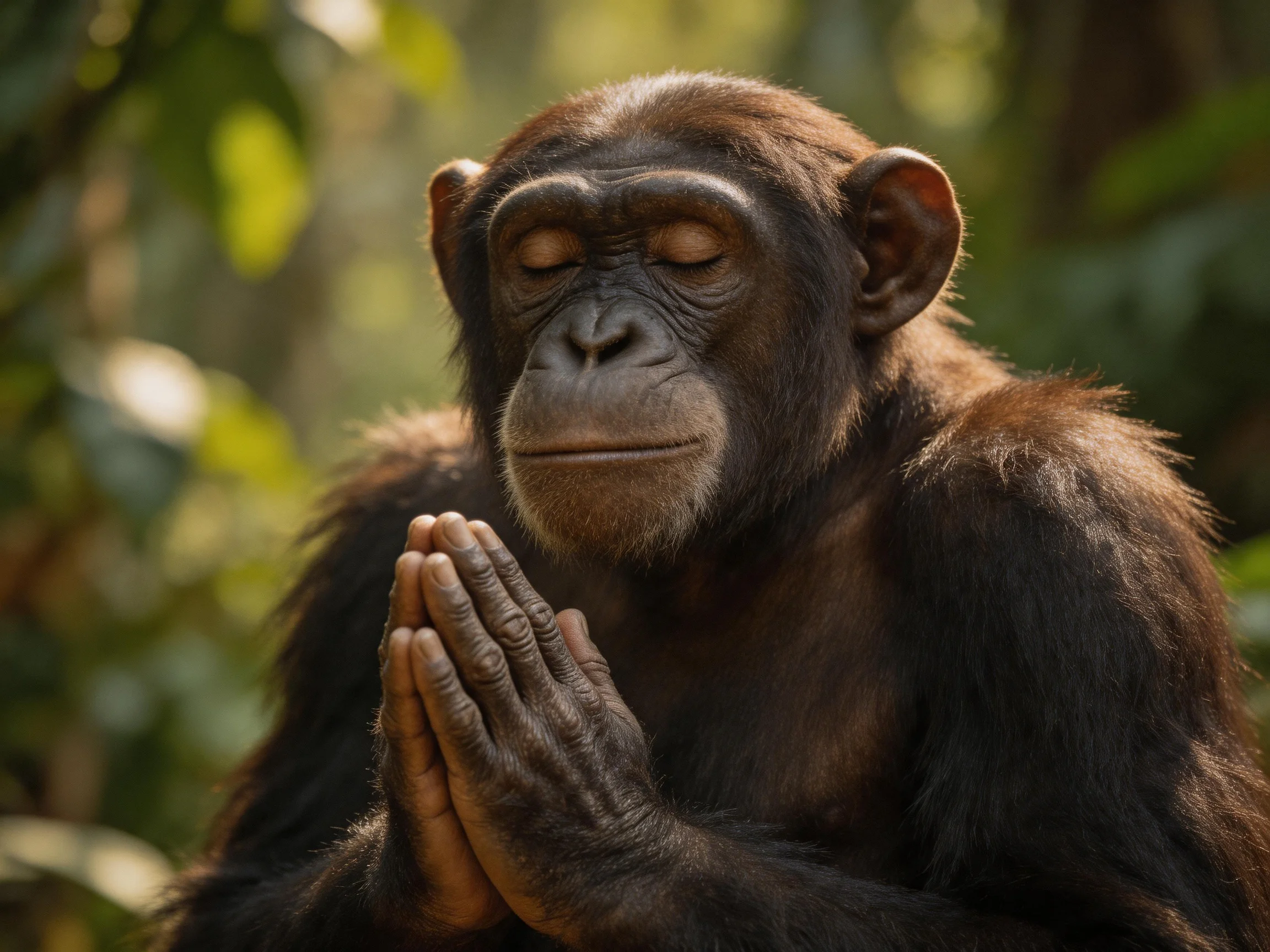 A contemplative chimpanzee with clasped hands in a sunlit forest