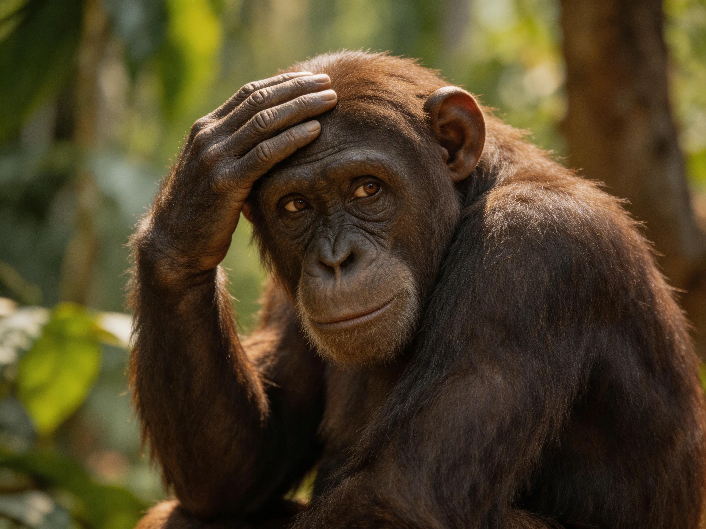 A contemplative chimpanzee with dark brown fur in a lush forest