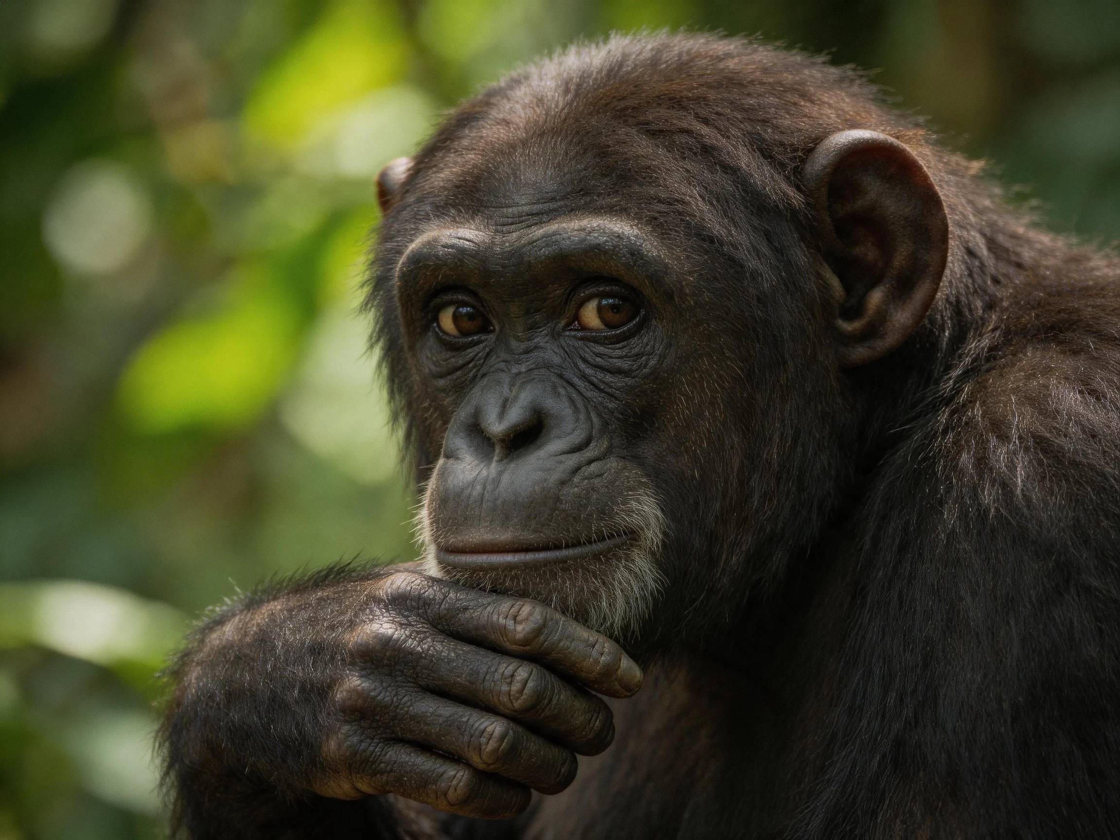 A contemplative chimpanzee with dark fur in a lush green forest