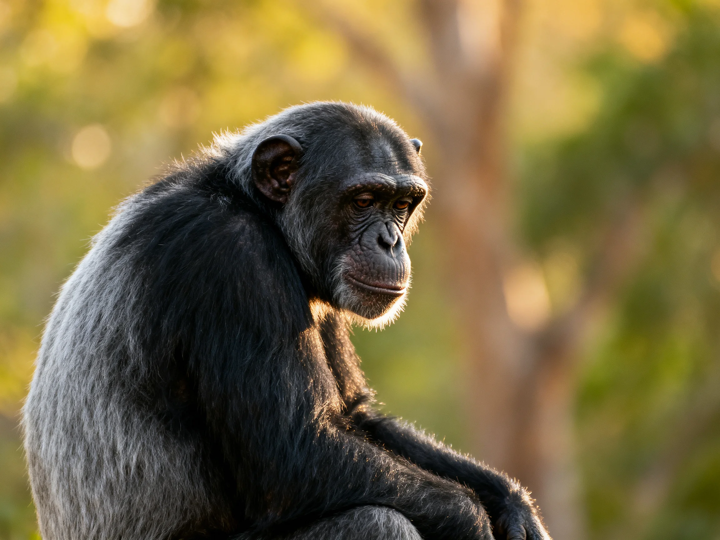 A contemplative chimpanzee sits thoughtfully in a sunlit forest setting.