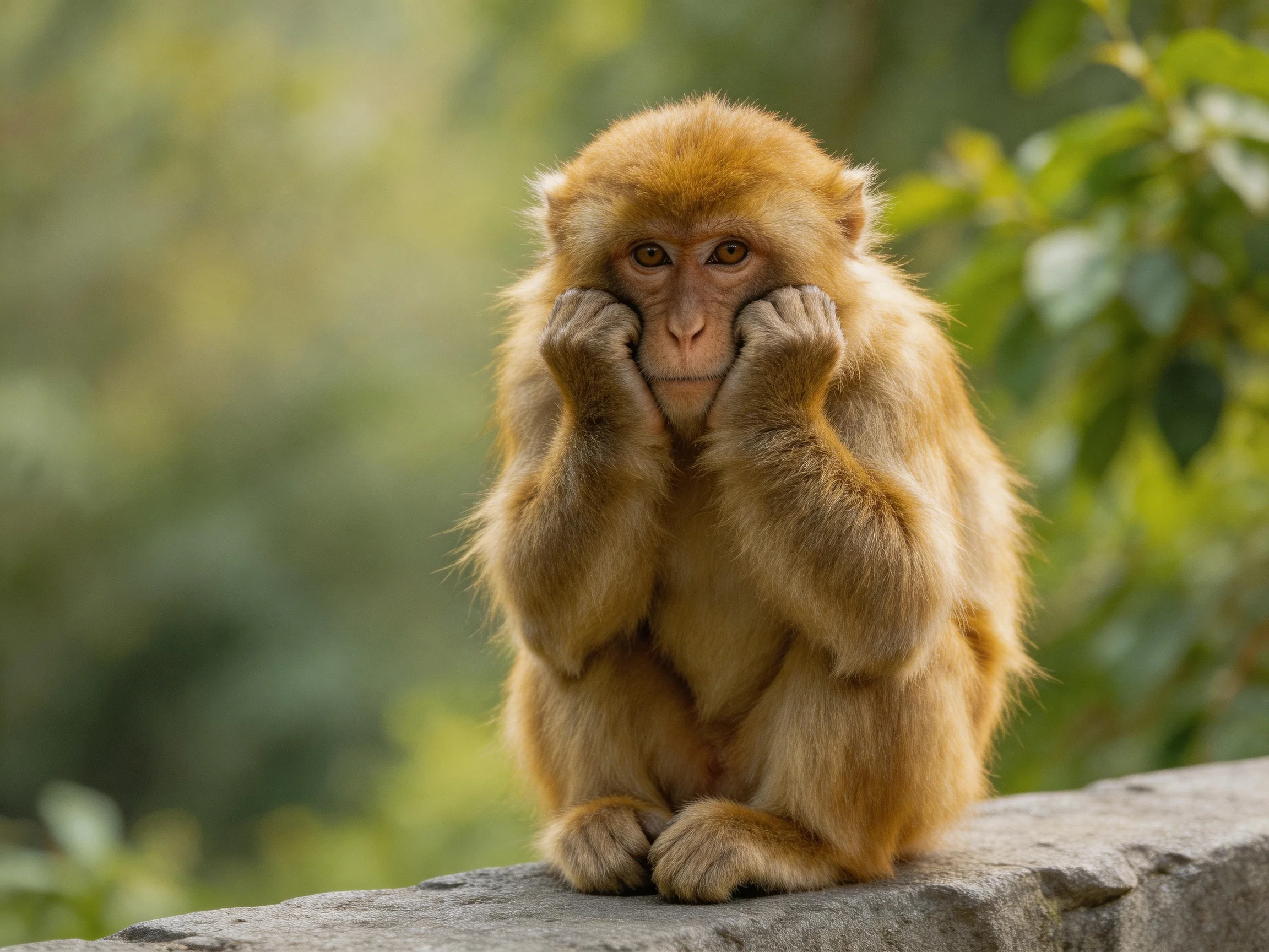 A single monkey rests thoughtfully on a stone ledge surrounded by greenery