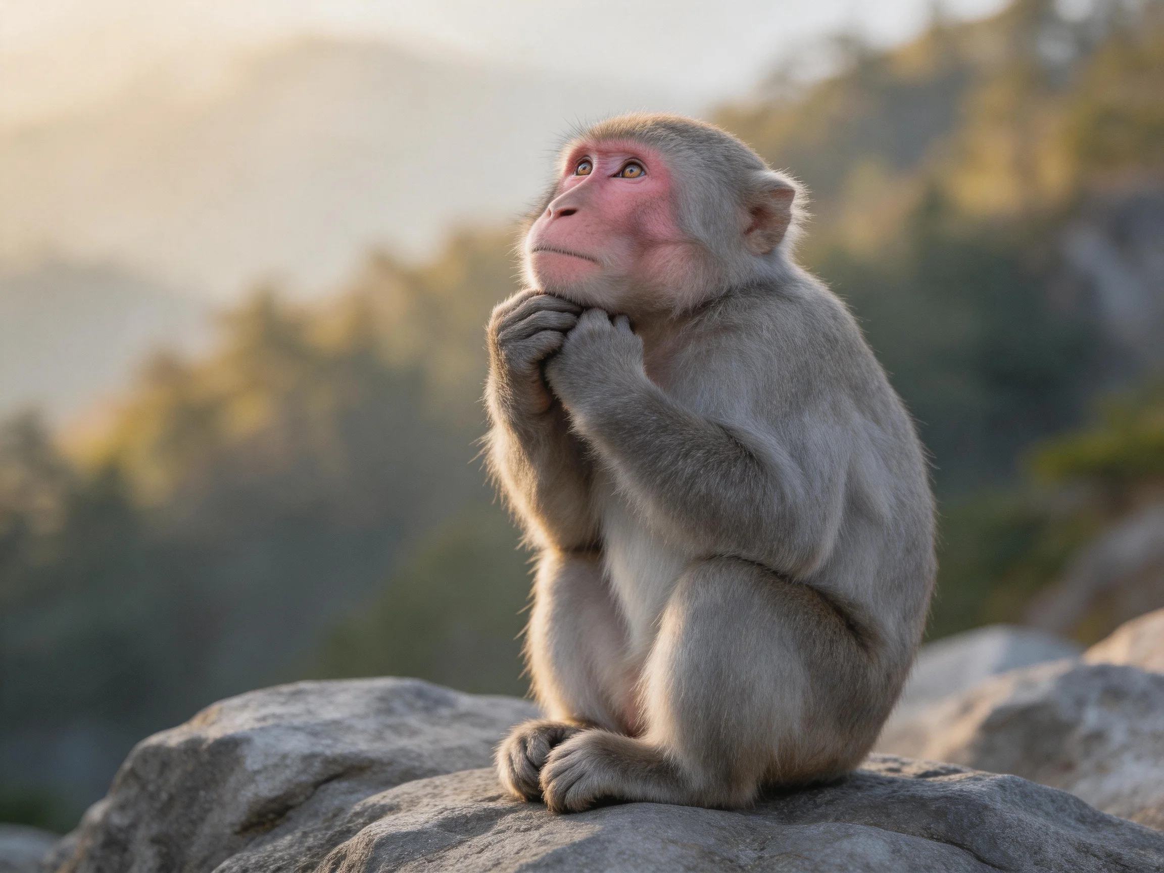 A contemplative gray monkey sits atop a large rock near misty green hills