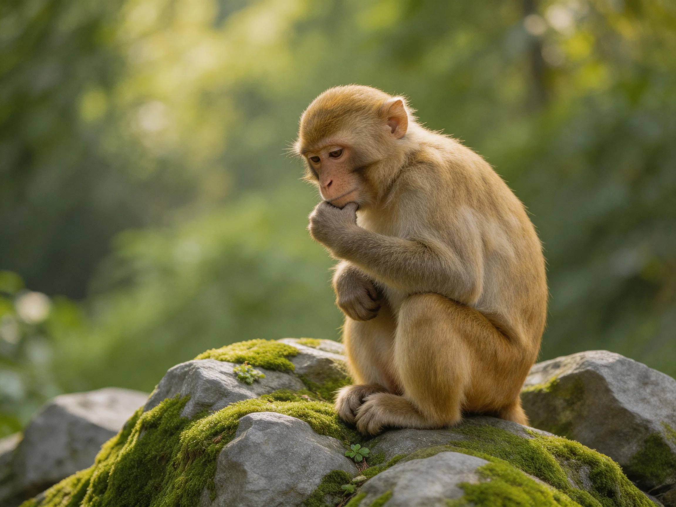 A contemplative monkey sits on mossy rocks in a sunlit natural setting.