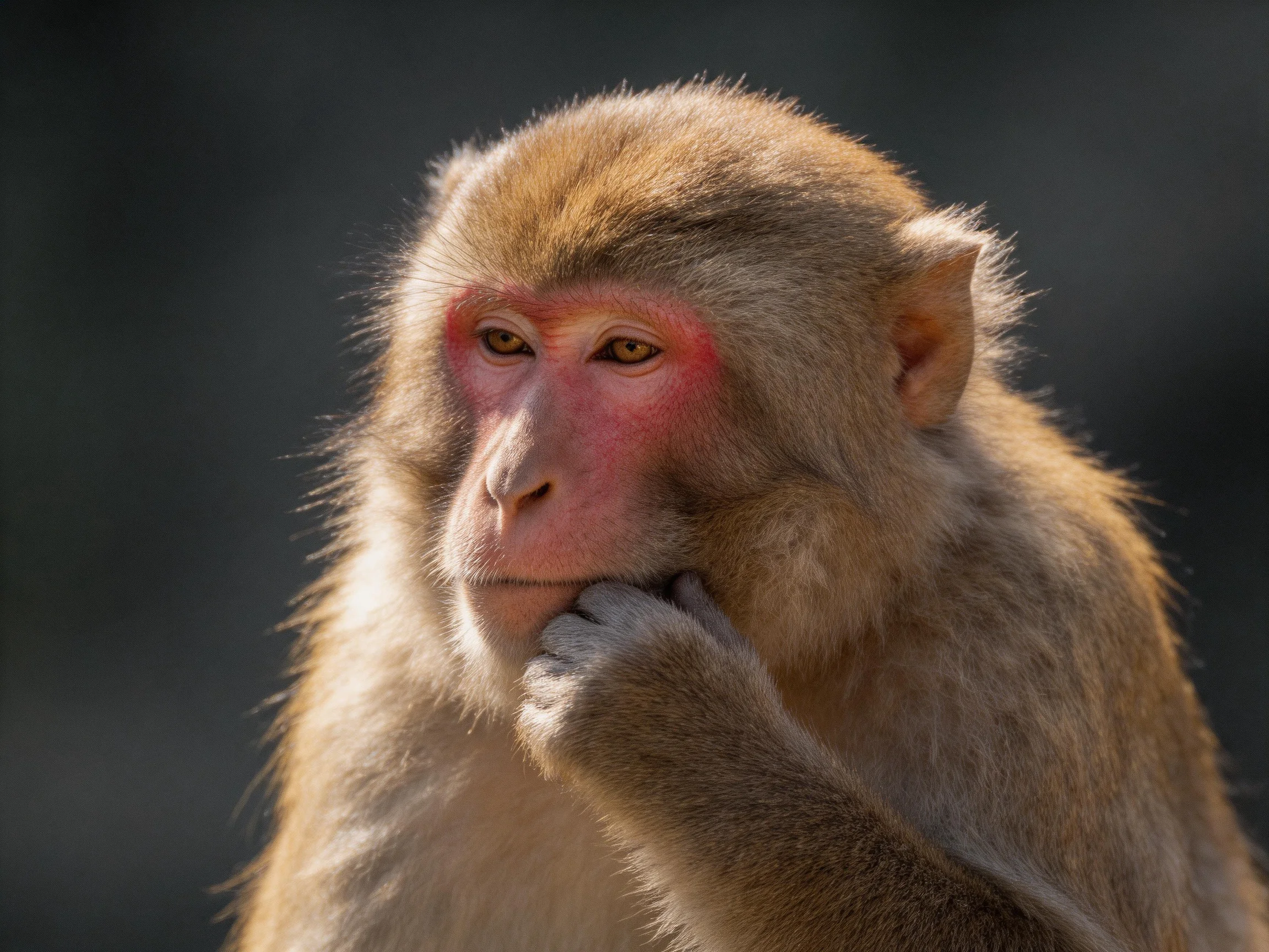 A contemplative macaque with golden fur and rosy cheeks