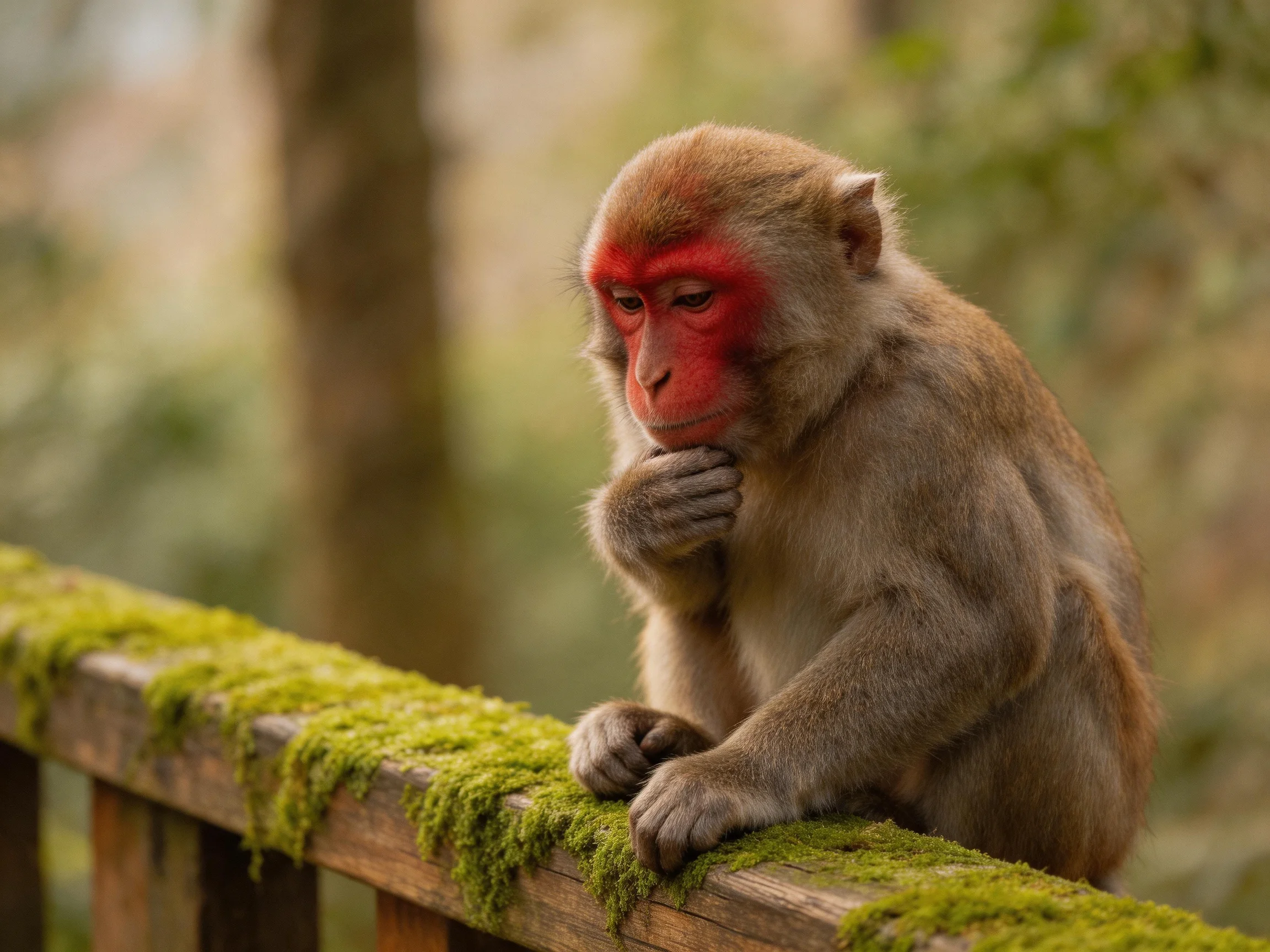 A monkey with a red face sits thoughtfully on a mossy wooden railing.