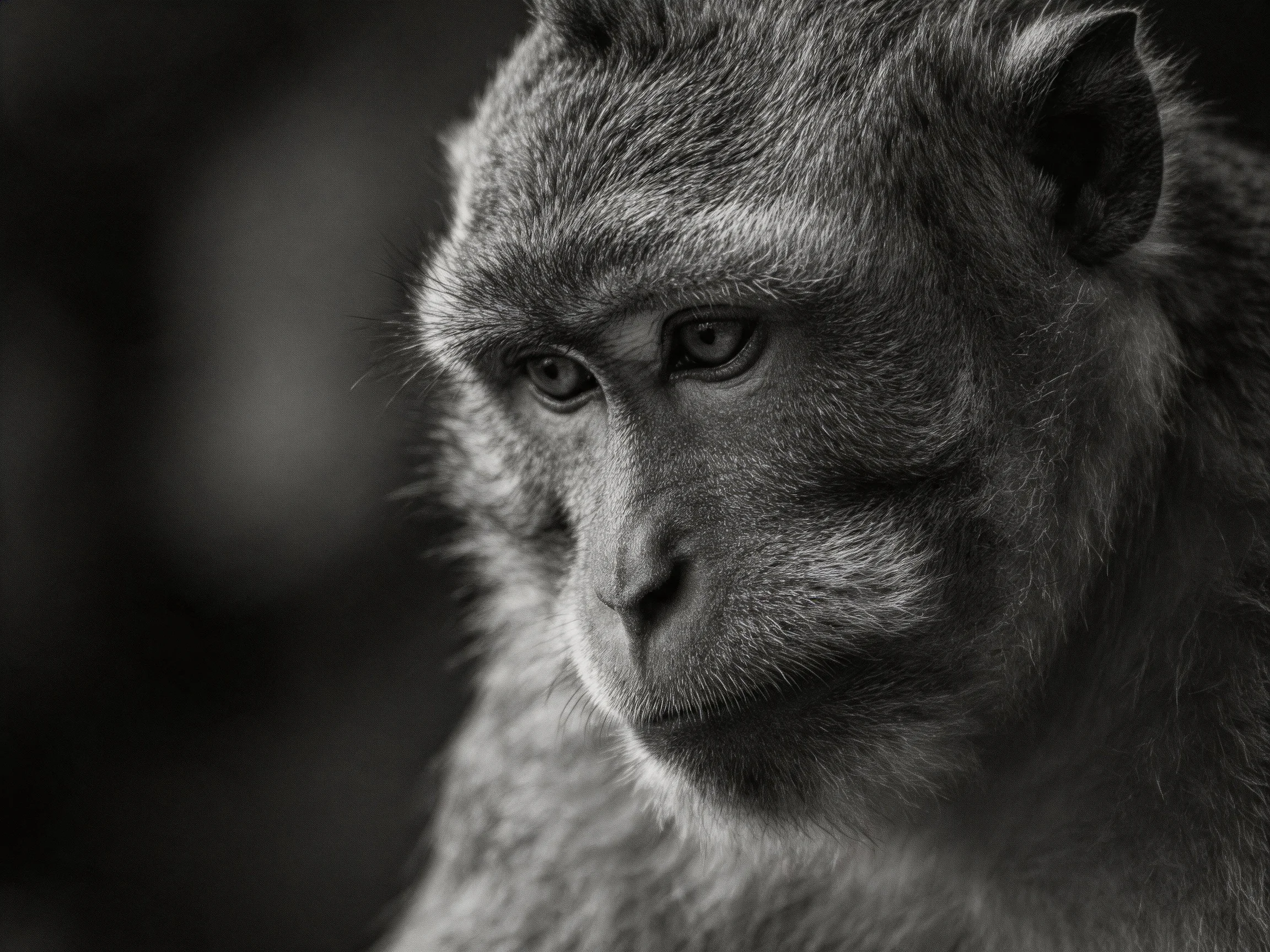 A contemplative monkey captured in dramatic monochrome lighting