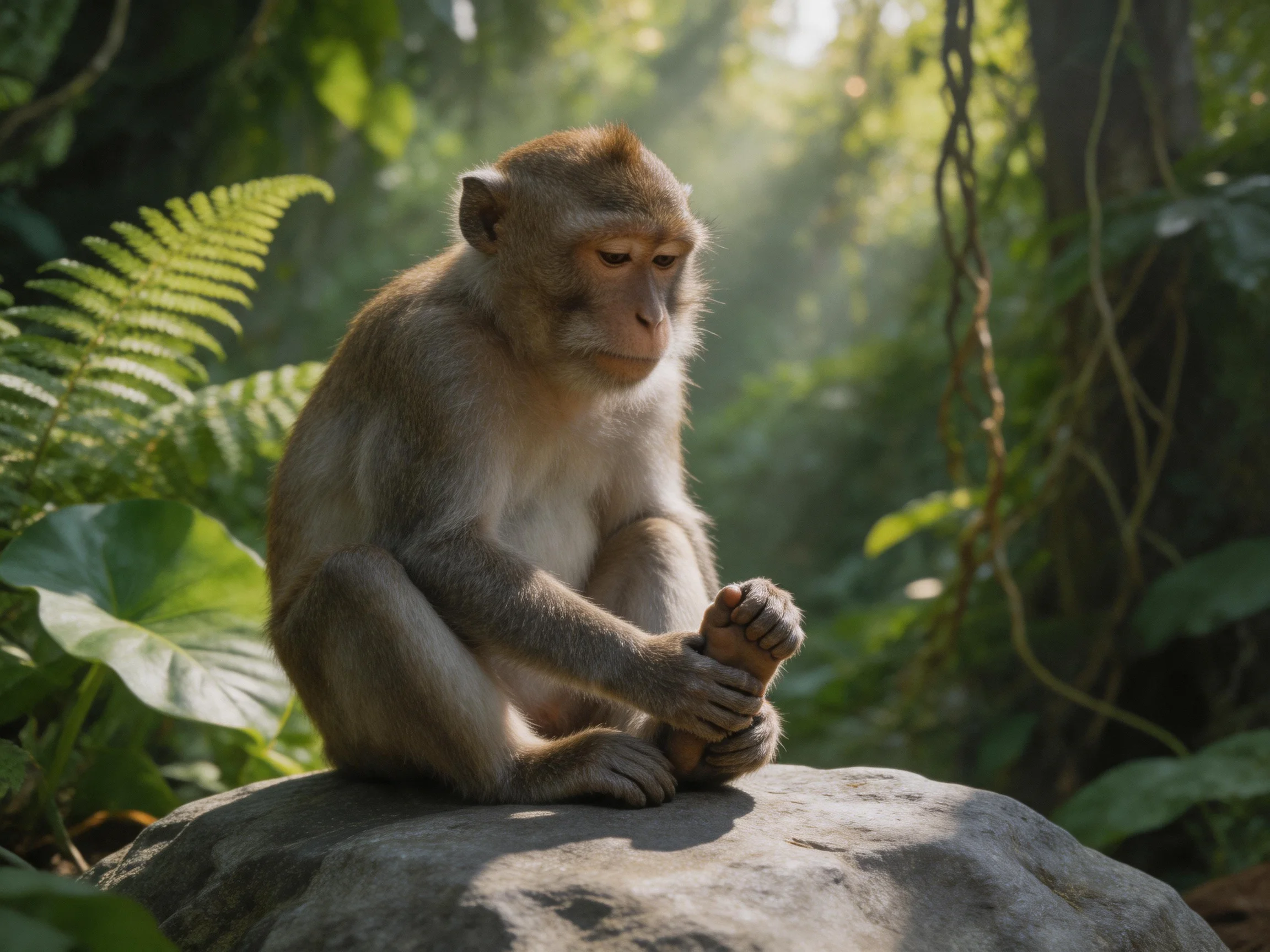 A contemplative monkey grooming itself on a large gray rock in lush greenery