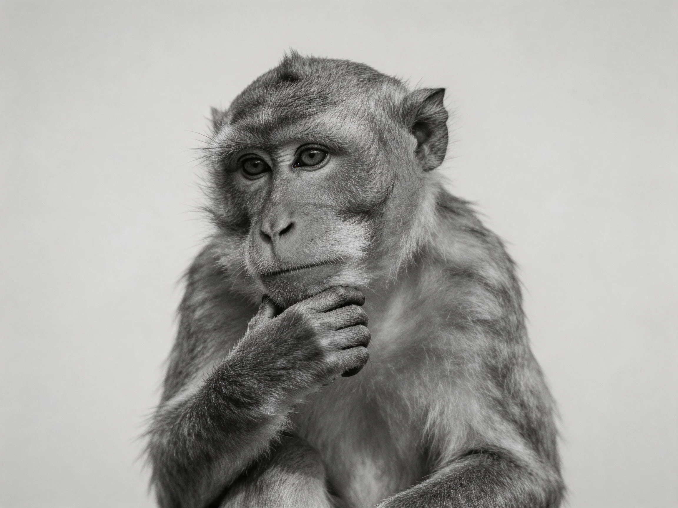 A monkey appears thoughtful, posed against a plain backdrop.