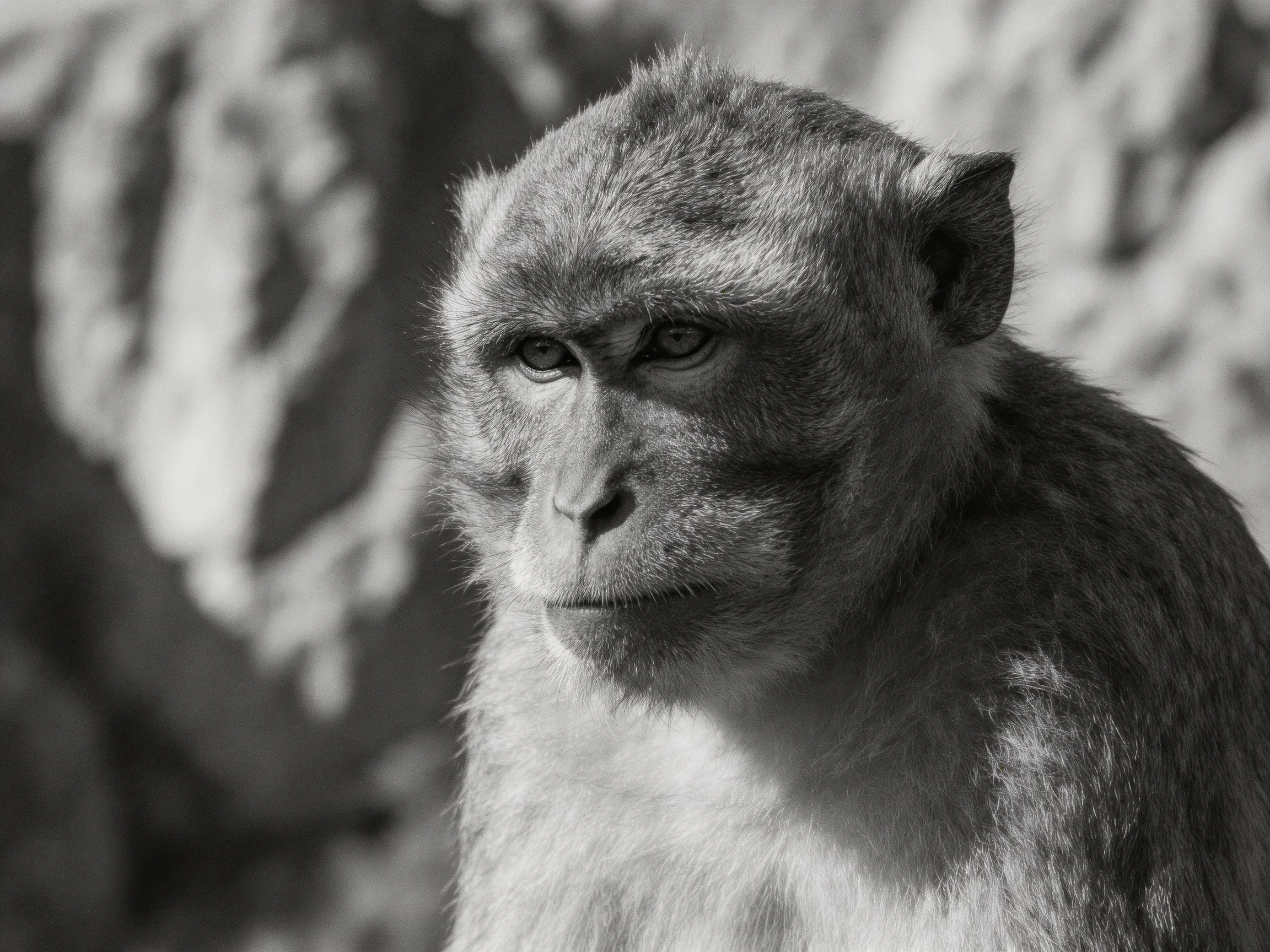A contemplative monkey in monochrome with rocky backdrop
