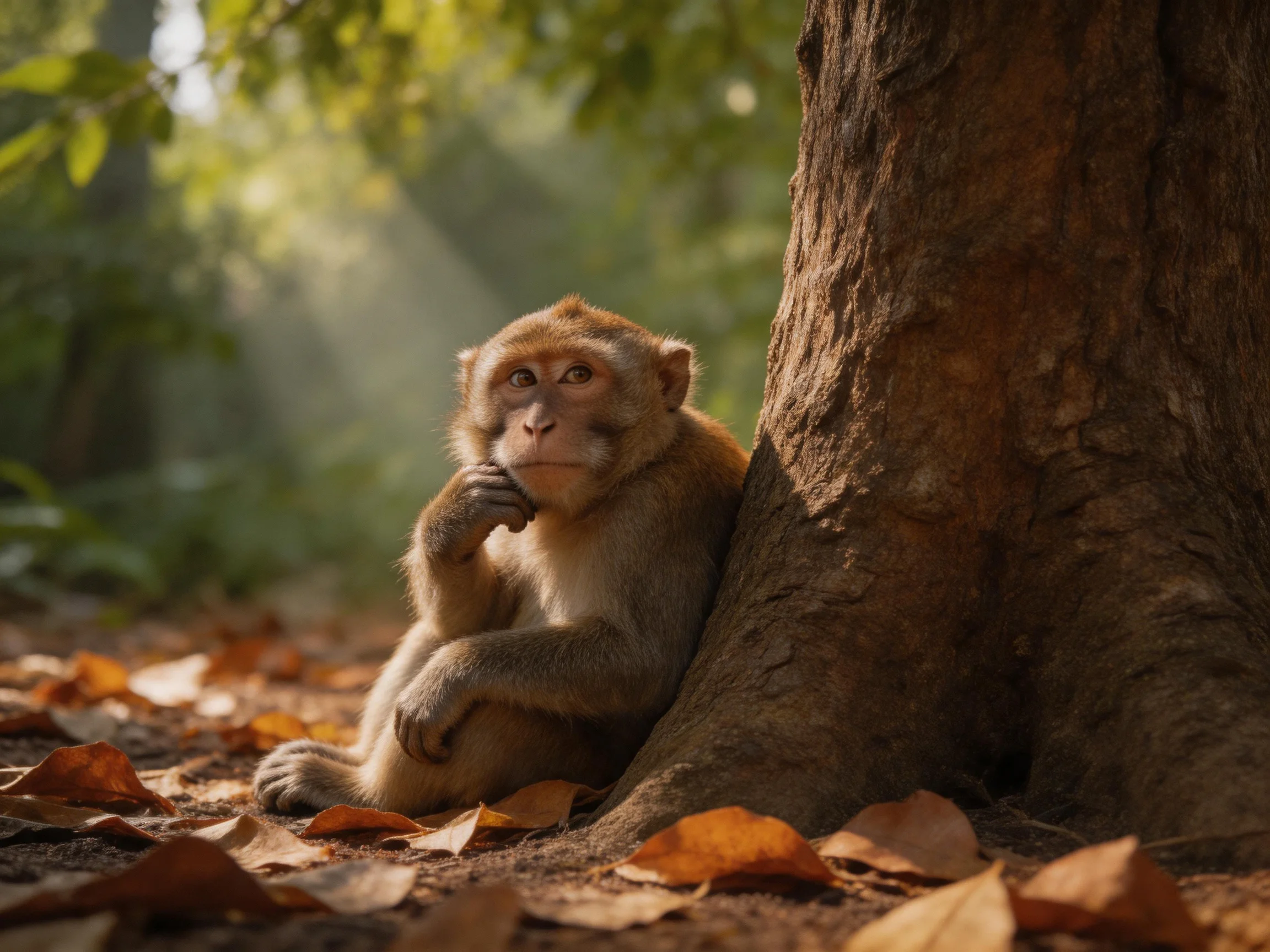 A contemplative monkey leans against a thick brown tree trunk amid fallen autumn leaves