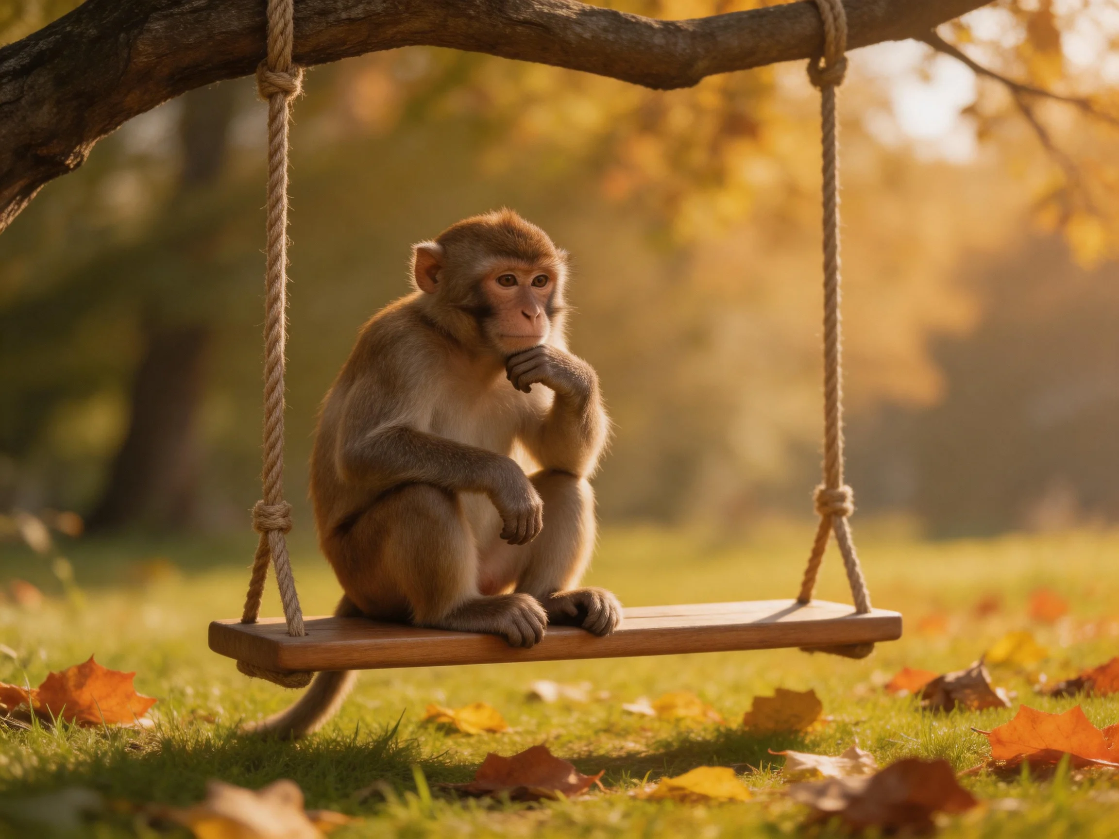 A contemplative monkey on a wooden swing in an autumnal park