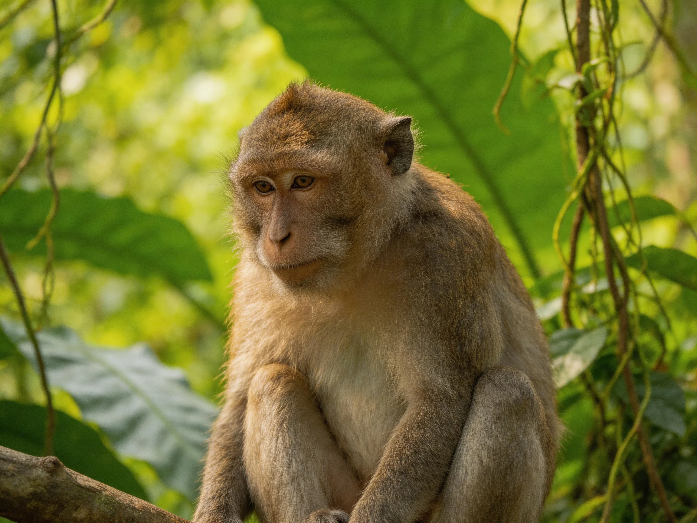 A monkey sits thoughtfully among dense greenery in a forest.