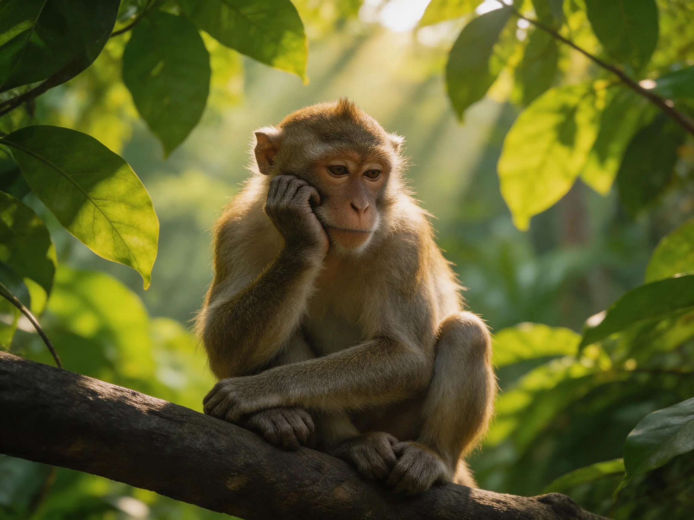 A contemplative monkey rests on a dark tree branch amid lush green foliage