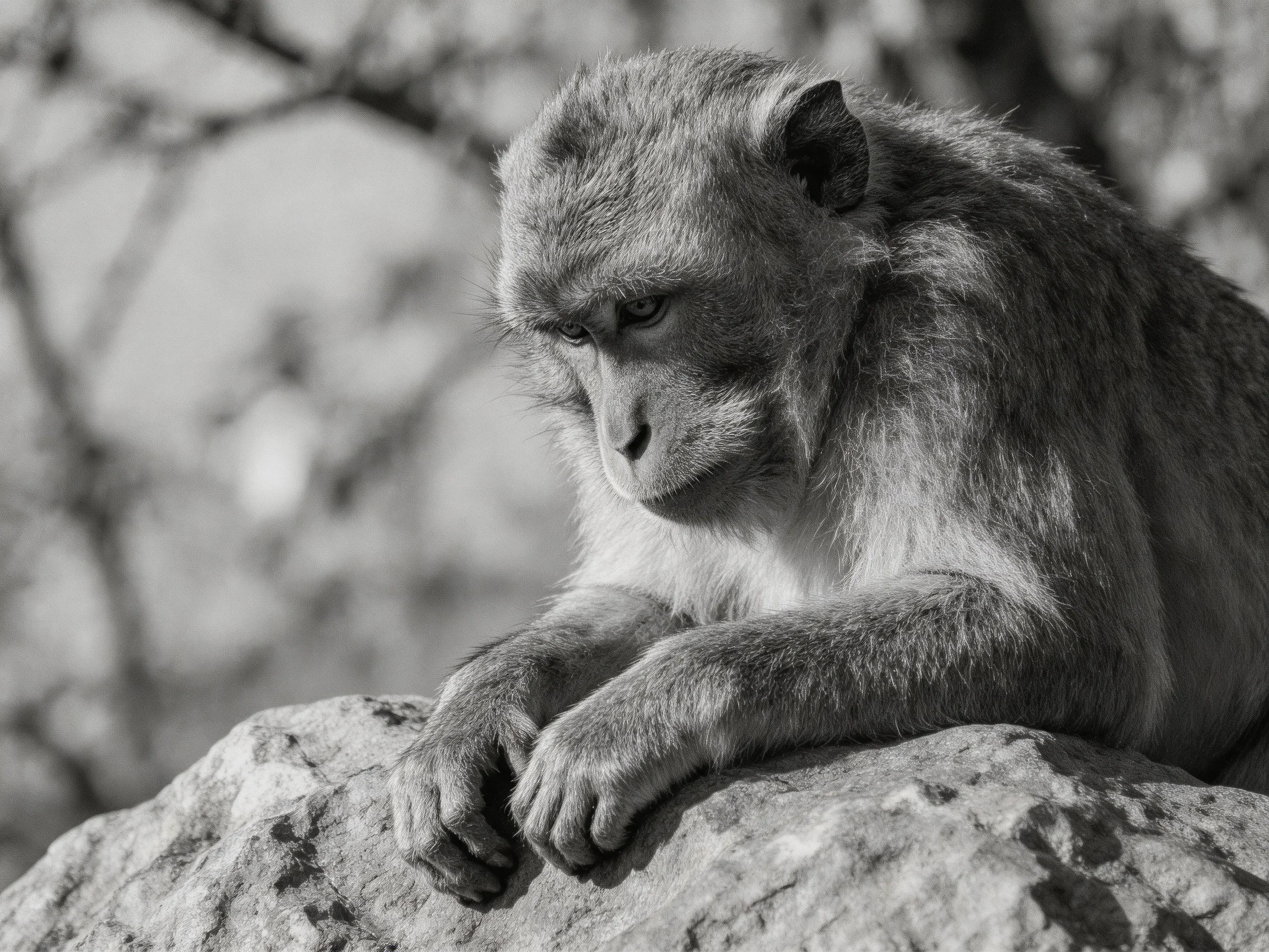 A monkey sits thoughtfully on a rock in a monochrome setting.