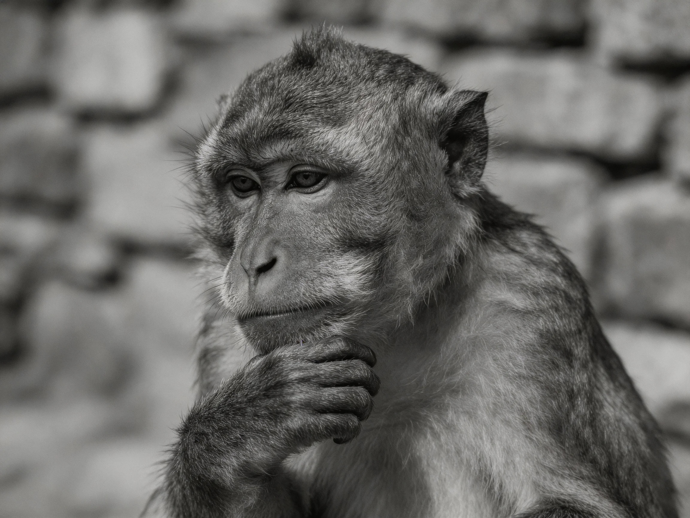 A contemplative monkey rests thoughtfully near a blurred stone wall