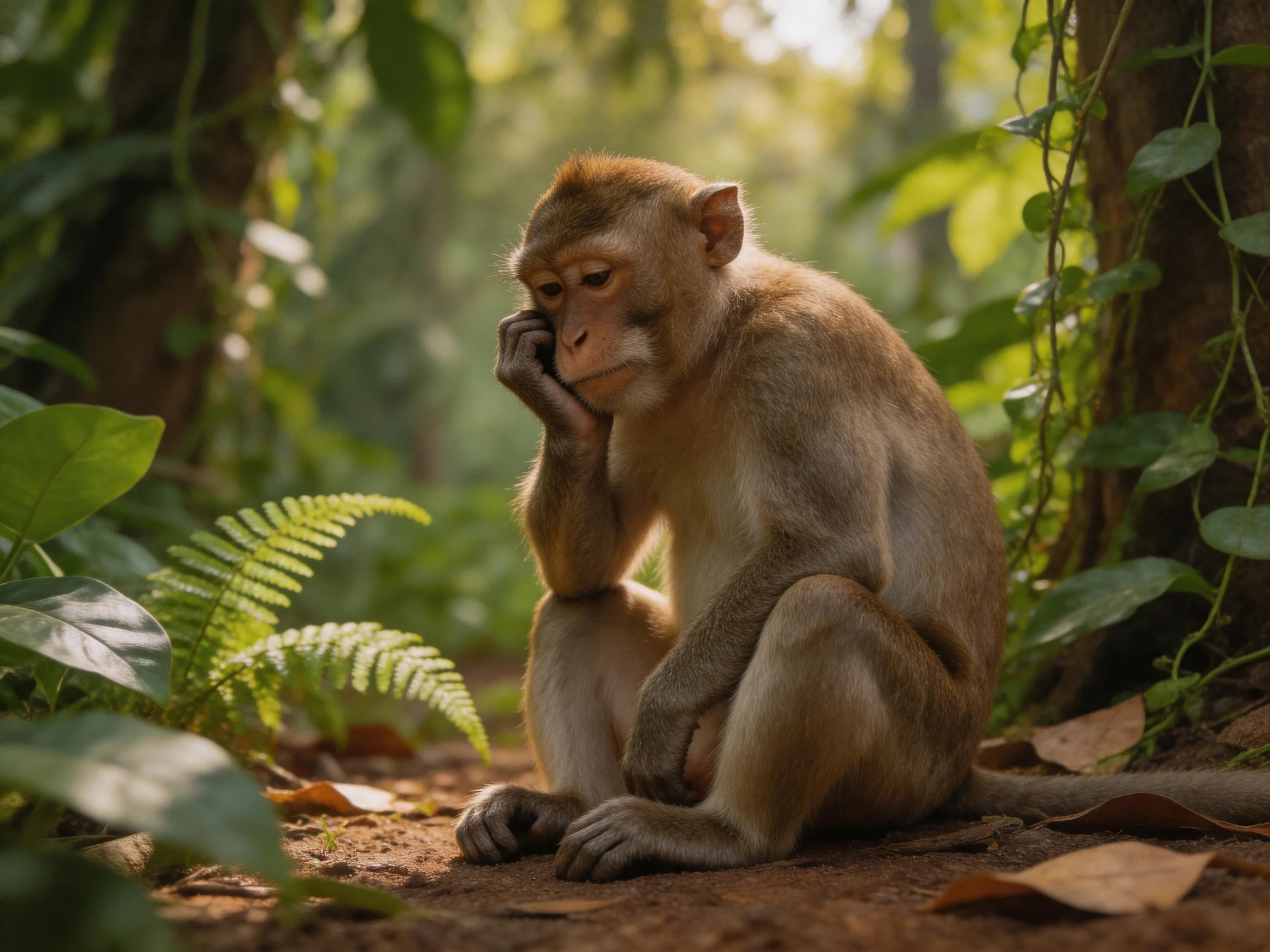 A contemplative monkey sits amid lush green foliage in a sun-dappled forest