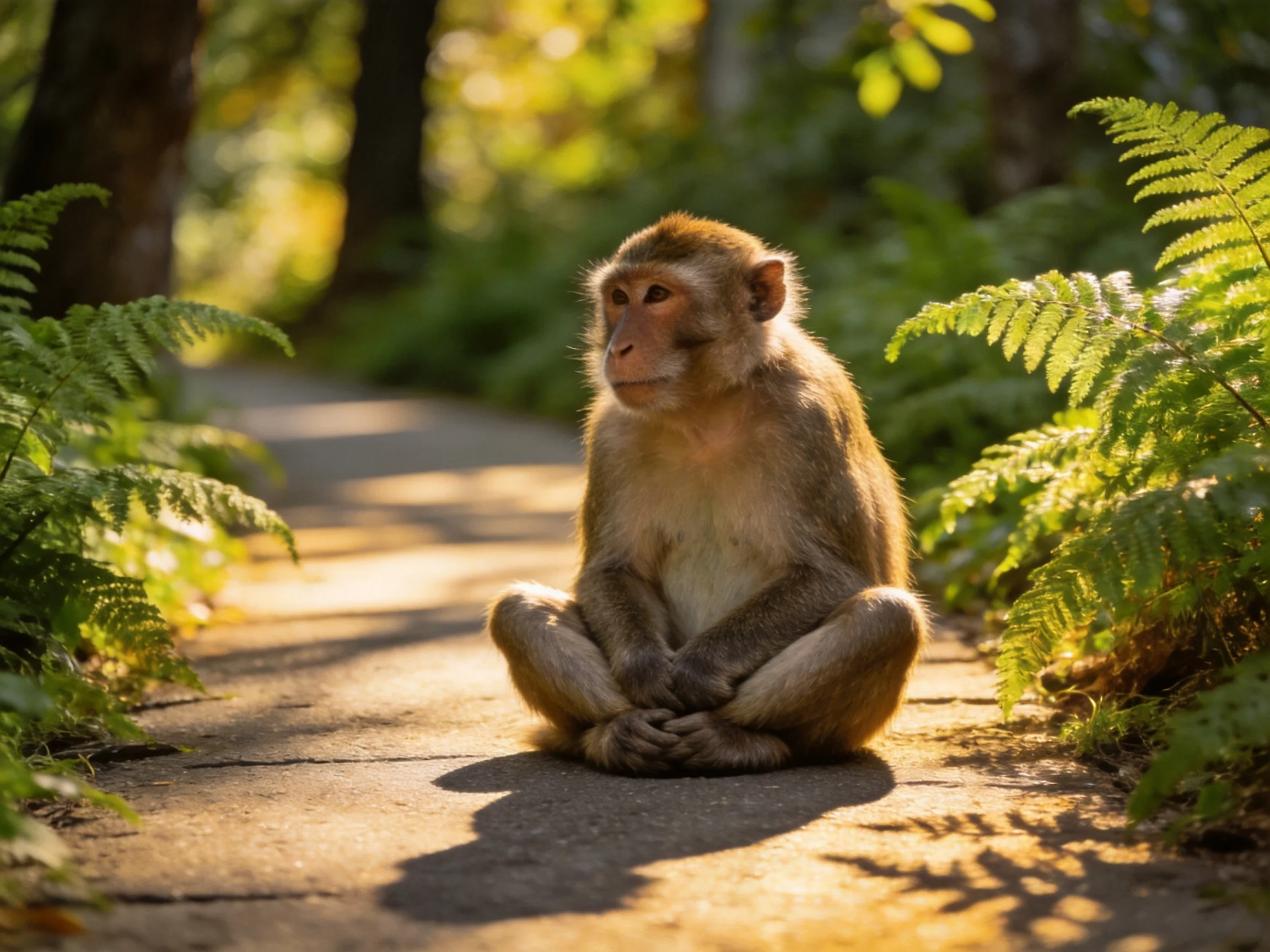 A monkey sits thoughtfully on a sunlit path surrounded by ferns.