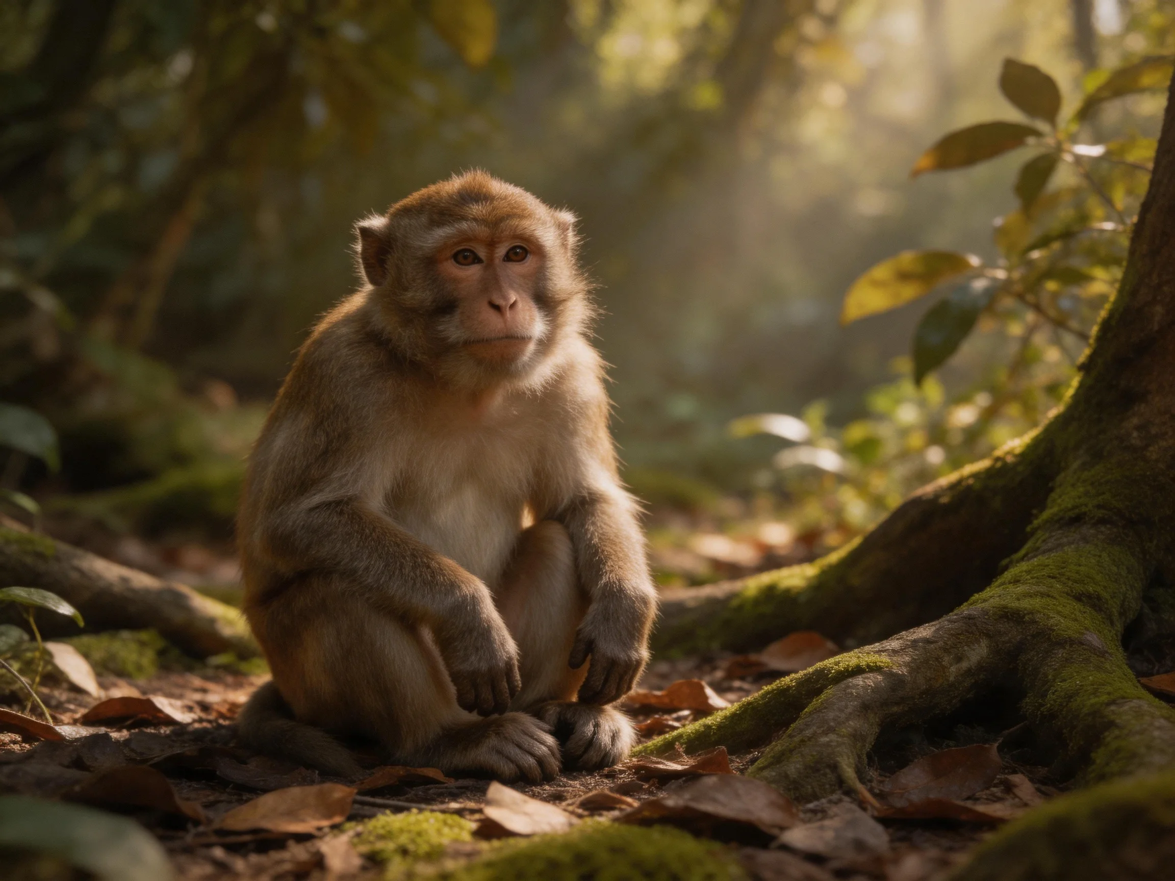 A monkey sits thoughtfully among mossy tree roots in a sunlit forest.