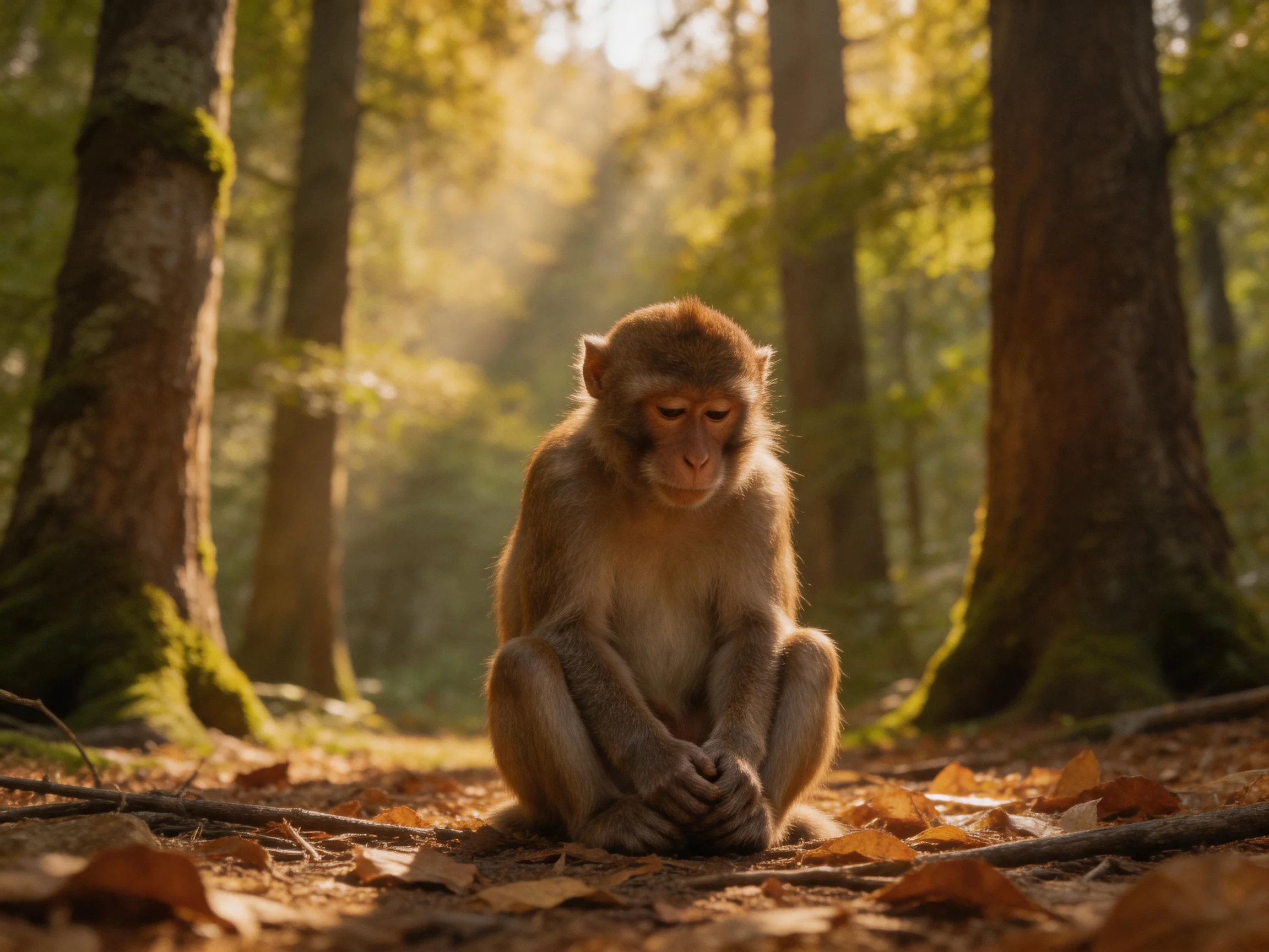 A contemplative monkey sits among tall mossy trees in sunlit forest