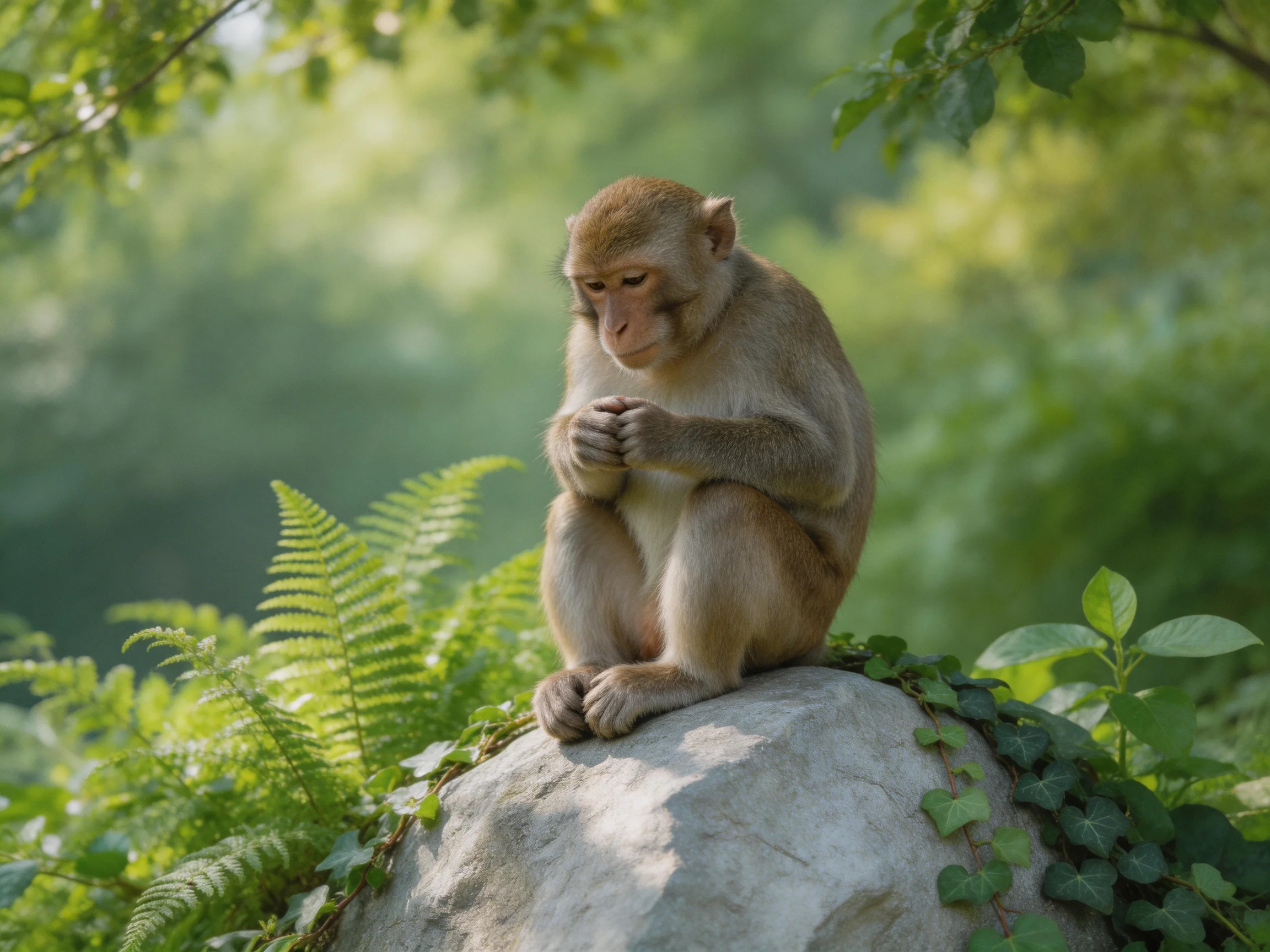 A monkey sits thoughtfully on a large rock surrounded by dense green foliage.