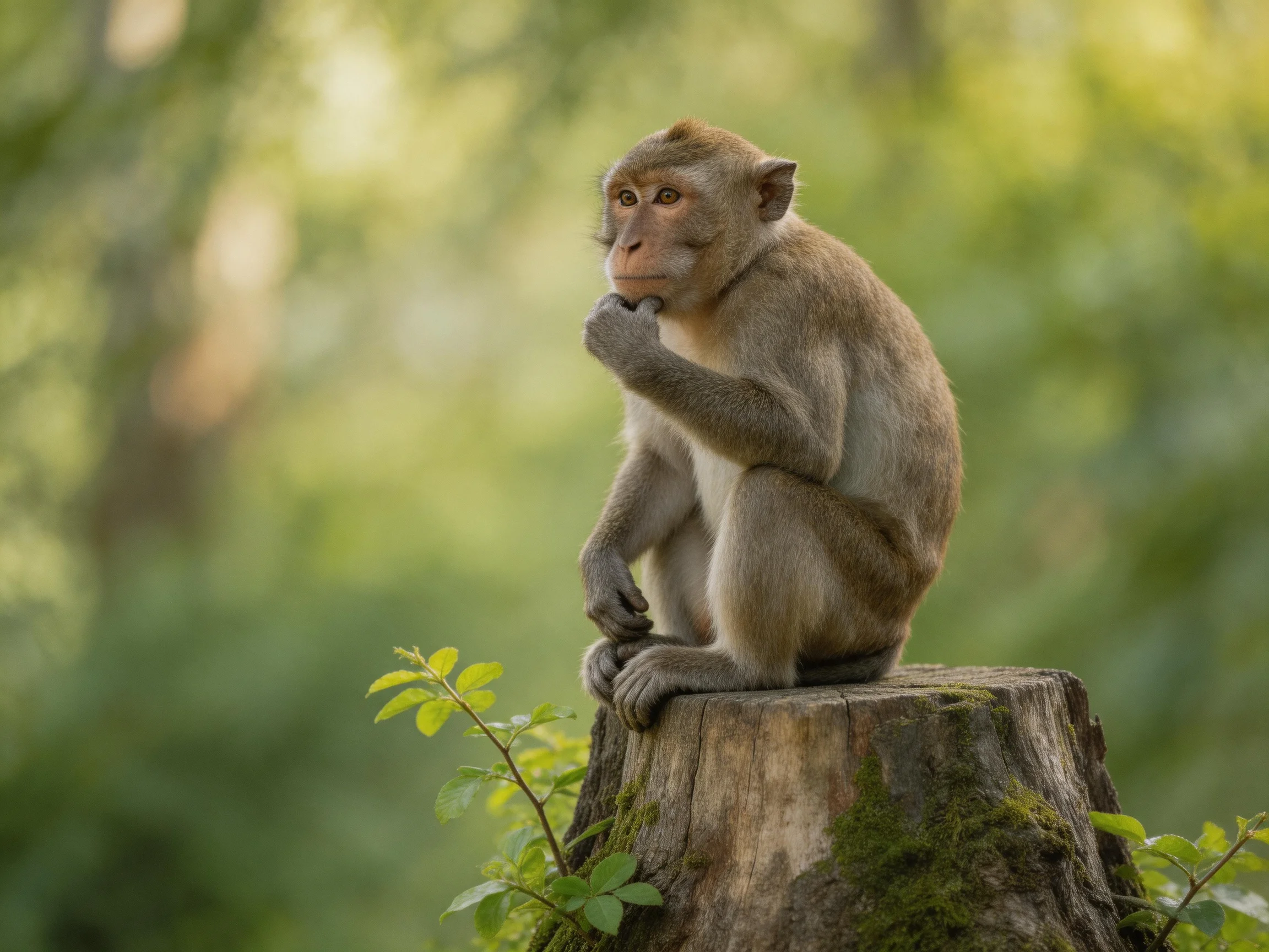 A contemplative monkey sits atop a moss-covered tree stump
