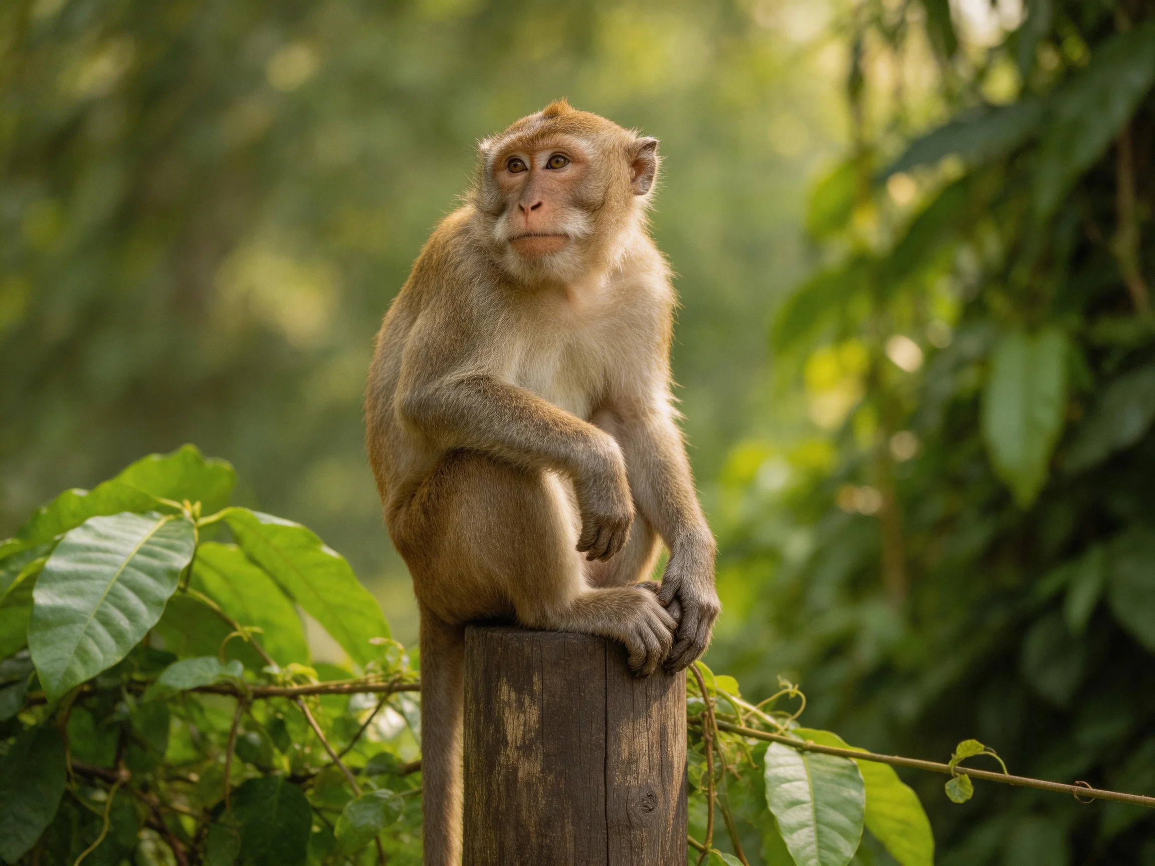 A contemplative monkey sits atop a weathered wooden post amid lush green foliage