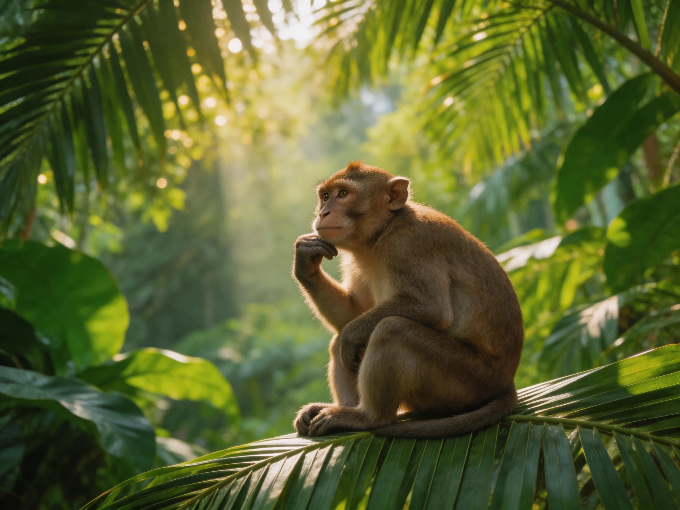 A monkey thoughtfully rests among dense green foliage in a sunlit forest setting.