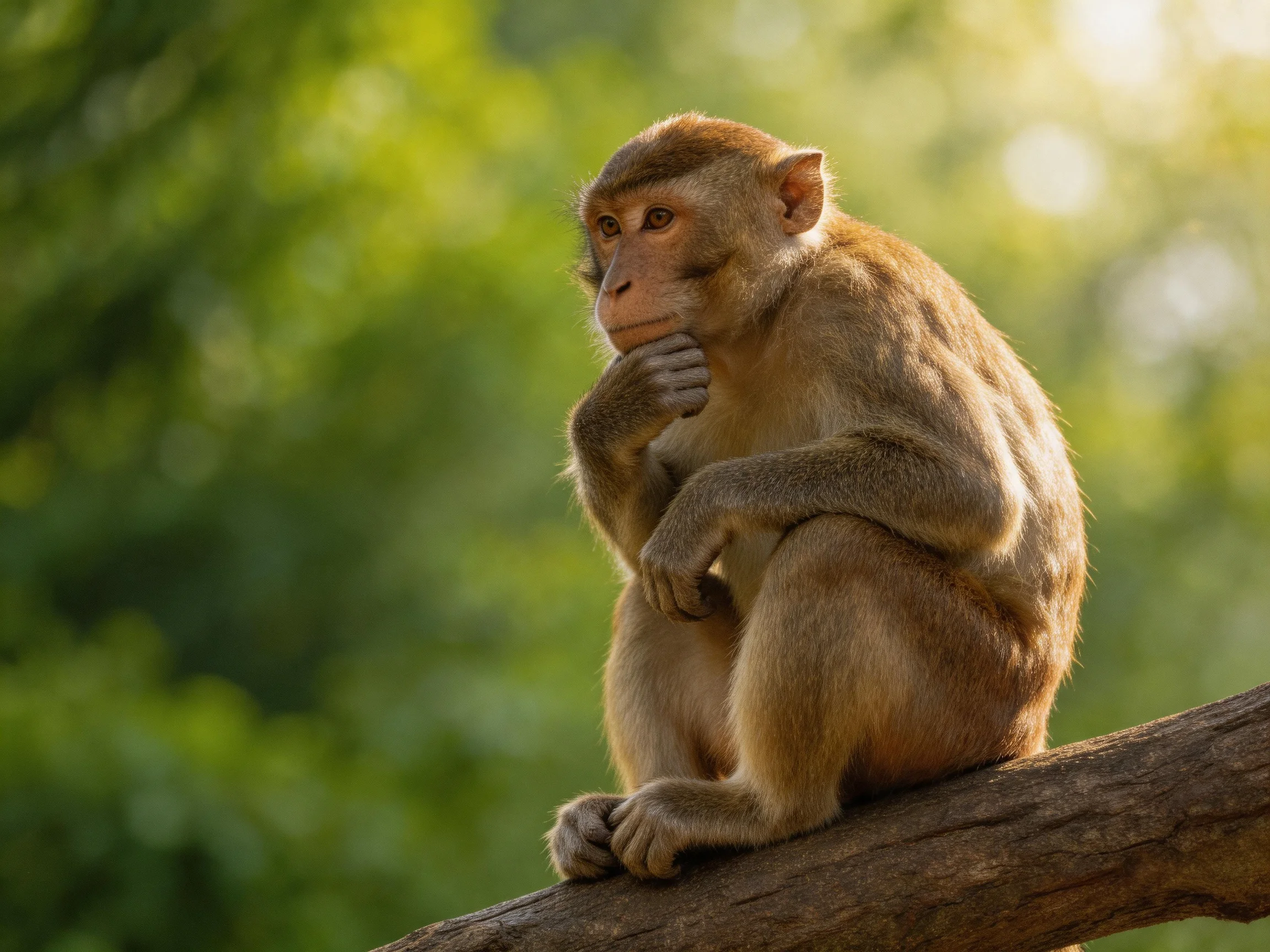 A monkey sits thoughtfully on a tree branch in a sunlit forest setting.