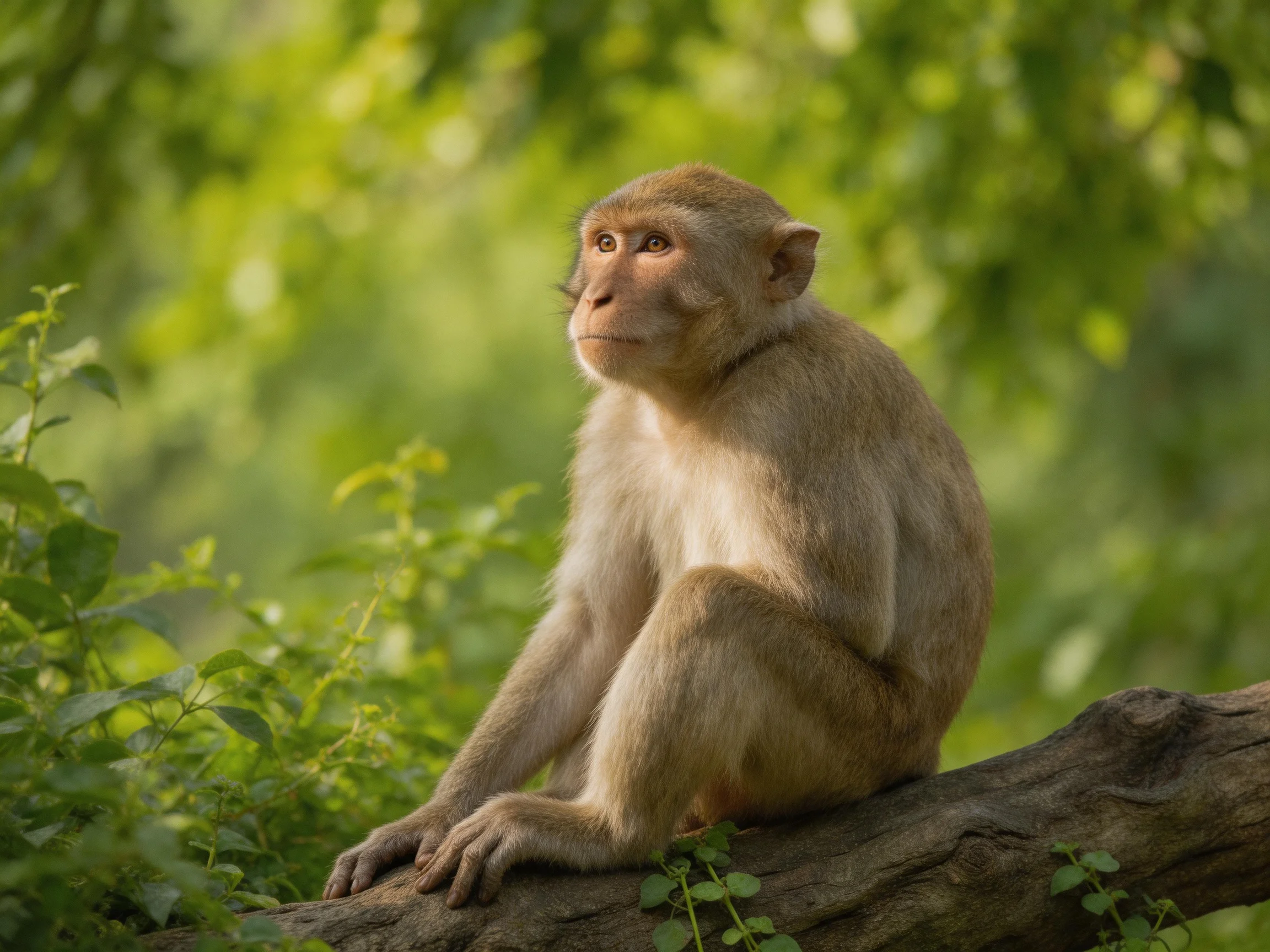 A contemplative monkey sits on a gnarled brown branch amidst lush green foliage
