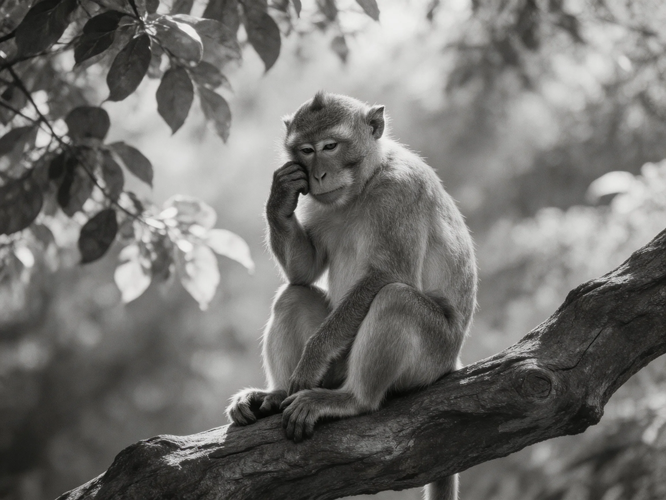 A contemplative monkey sits on a gnarled tree branch surrounded by foliage