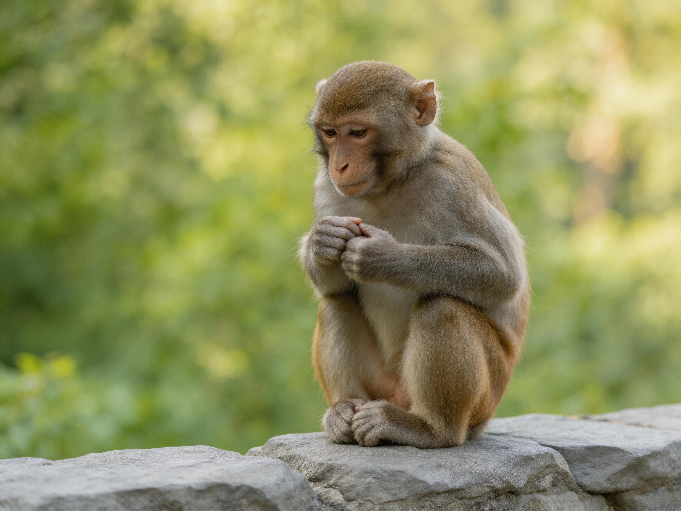 A contemplative monkey sits on a gray stone ledge amid green foliage