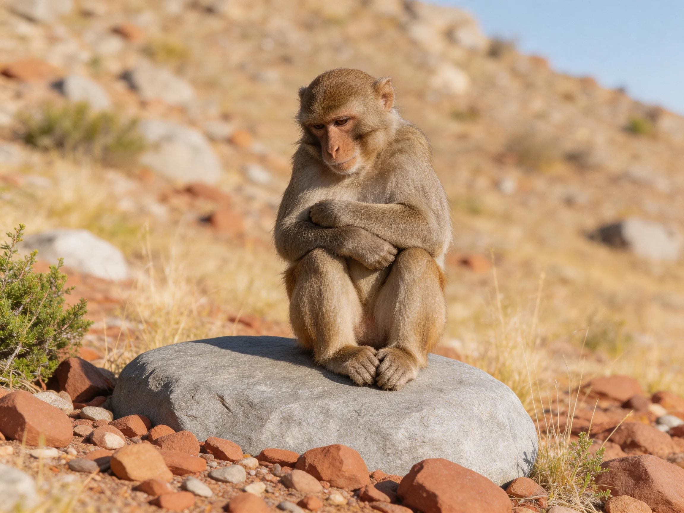 A contemplative monkey sits on a large gray rock in rocky terrain