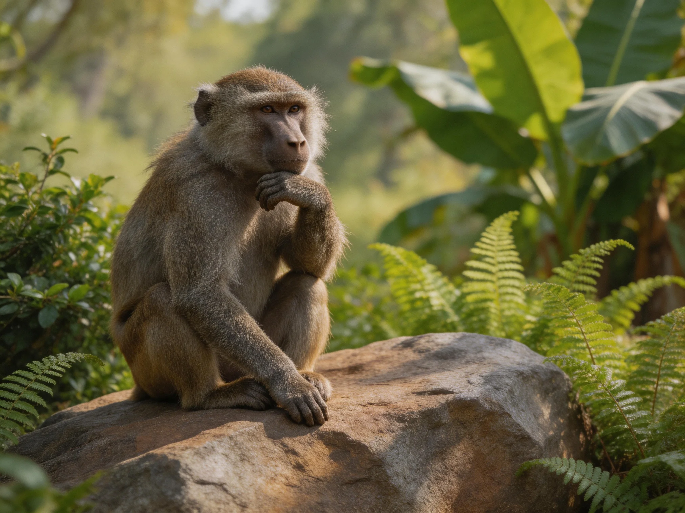 A contemplative monkey sits on a large rock amid lush greenery
