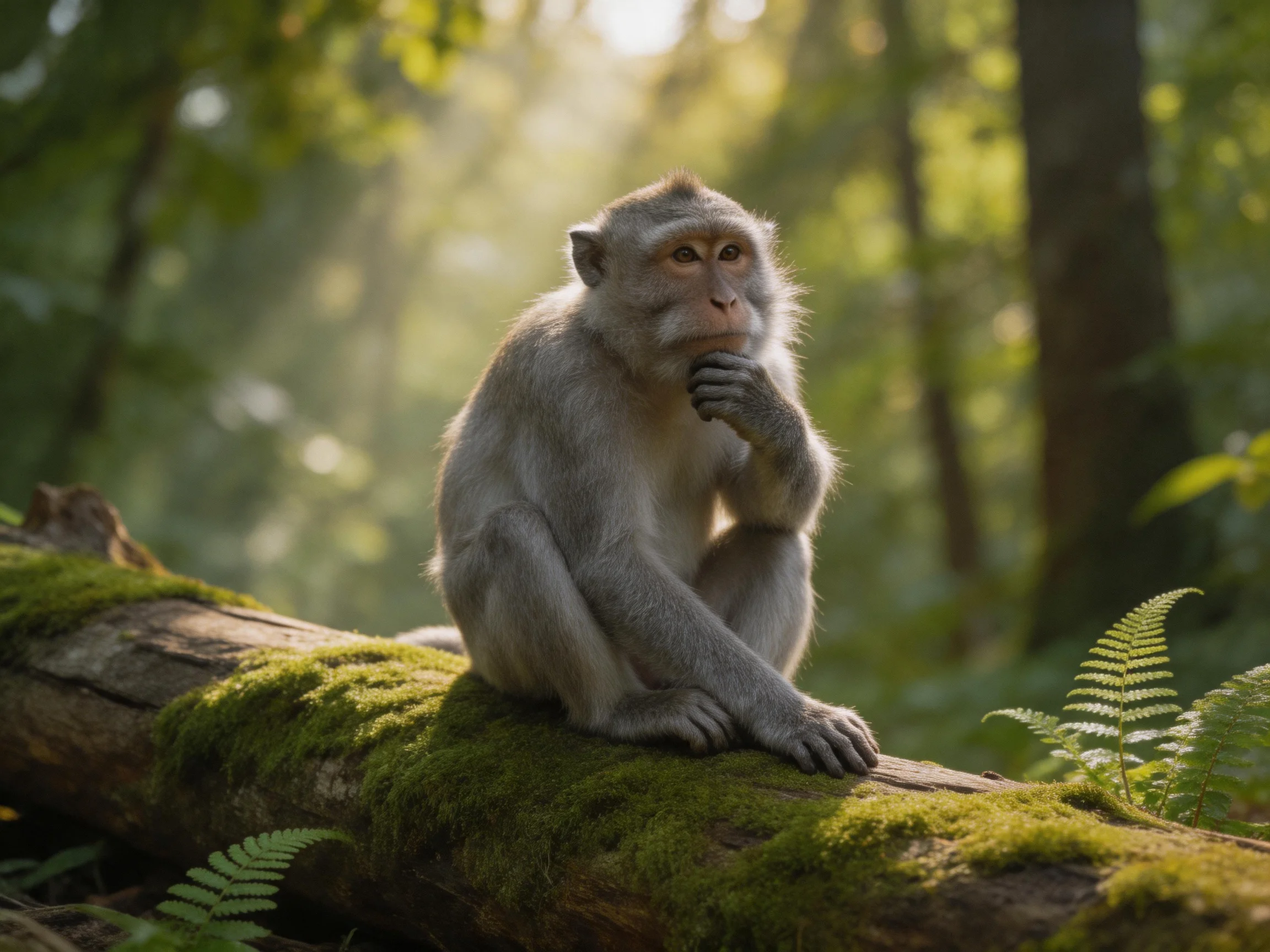A monkey sits thoughtfully on a mossy log amid a sun-dappled forest environment.