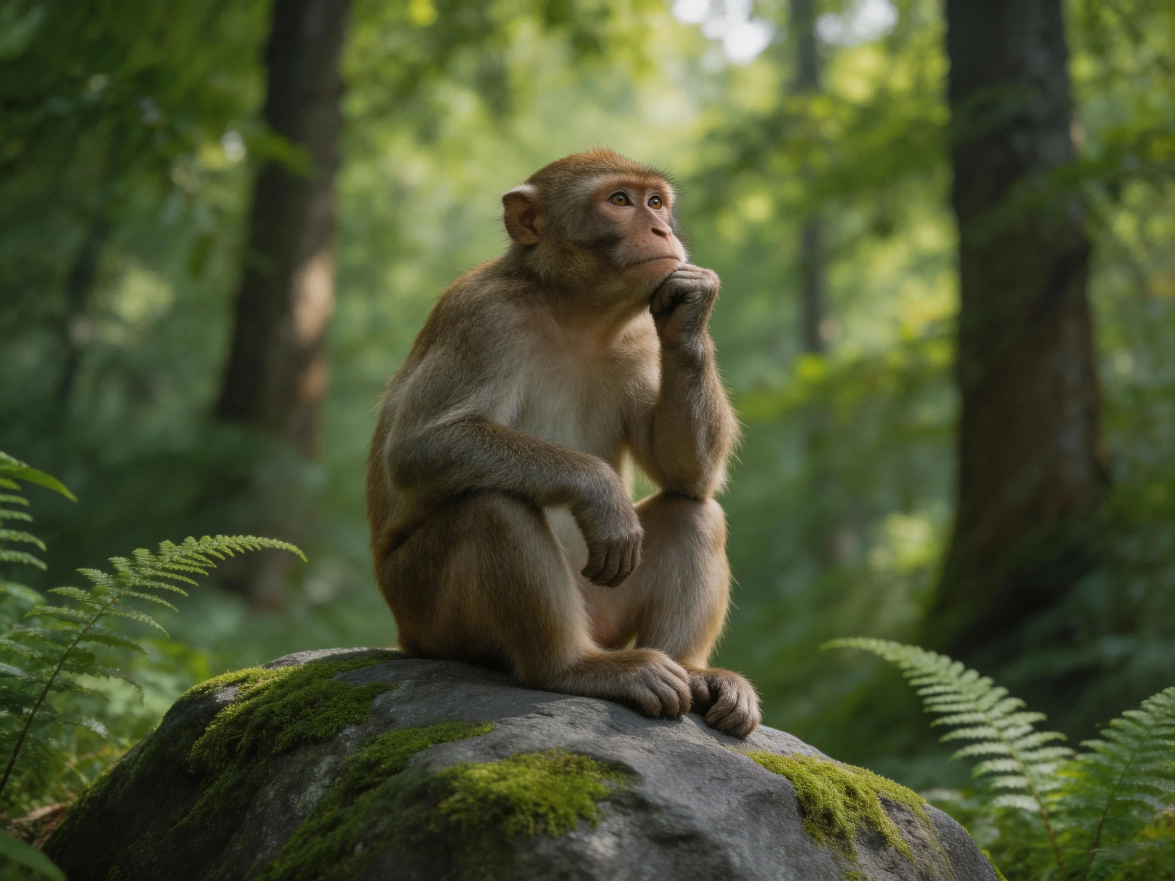 A contemplative monkey sits on a moss-covered rock in a verdant forest