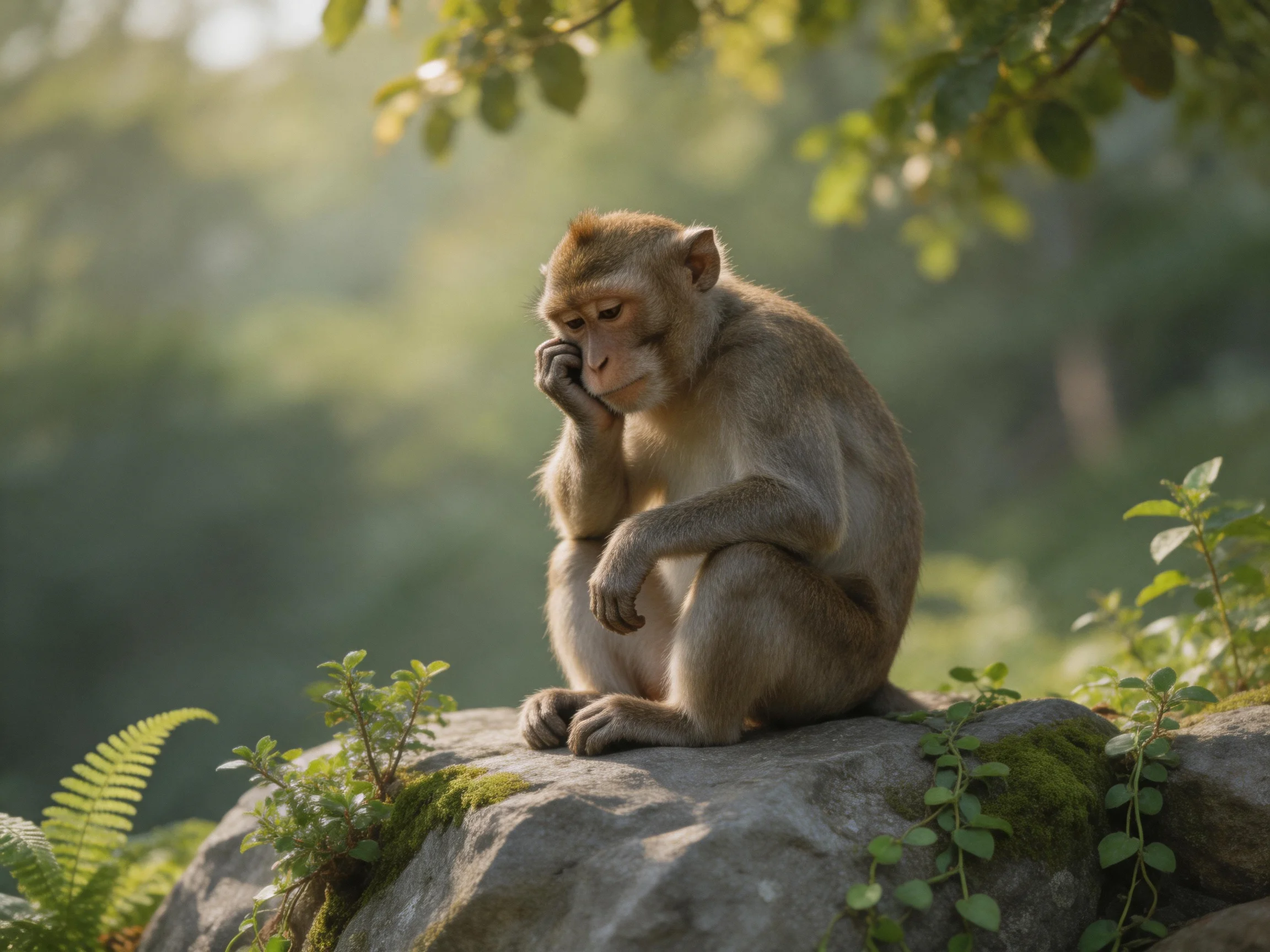 A contemplative monkey sits on a mossy rock amid lush greenery