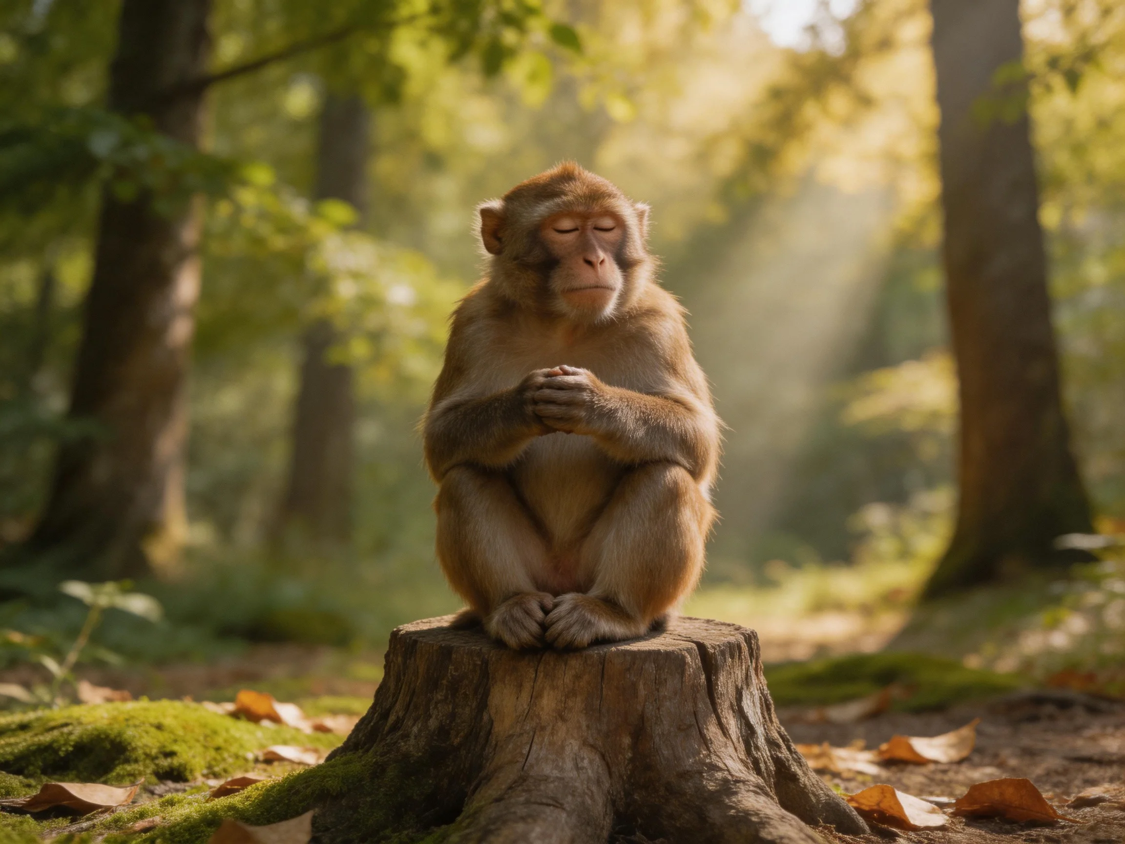 A contemplative monkey sits on a mossy tree stump in a sunlit forest