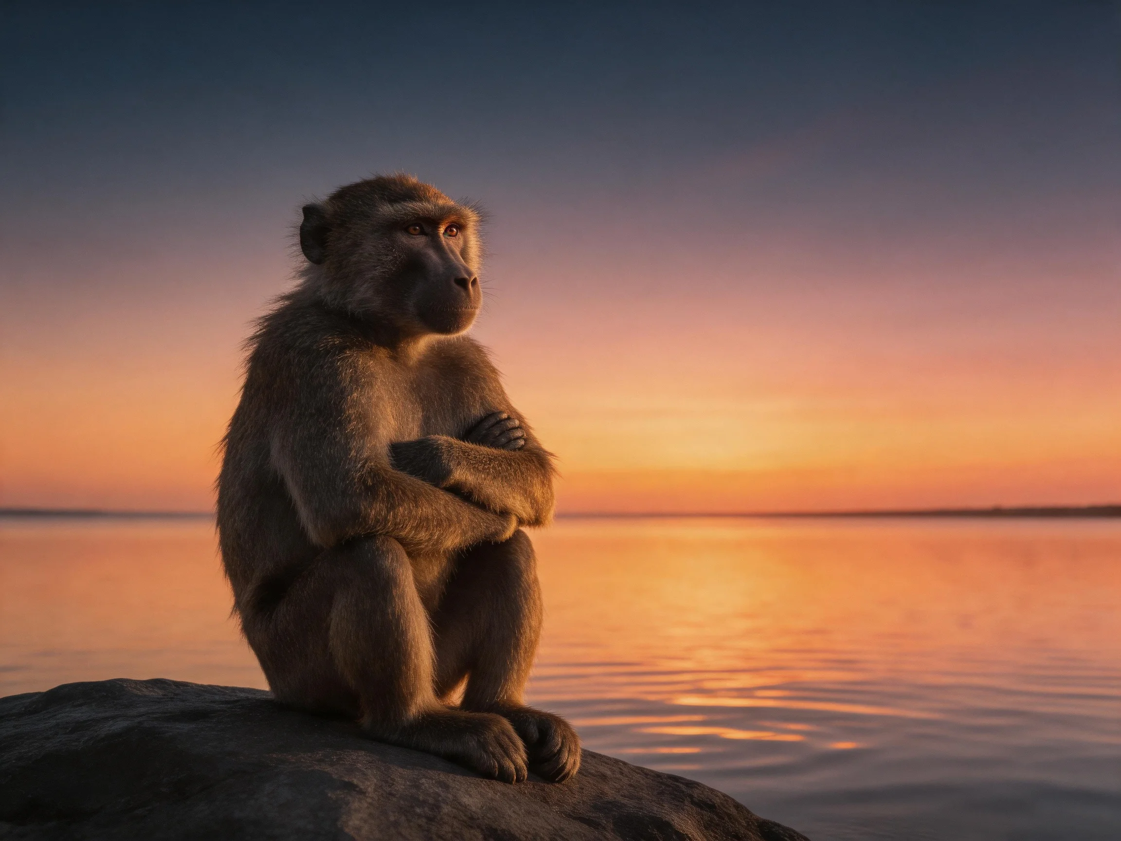 A contemplative monkey sits on a rock by calm waters at sunset