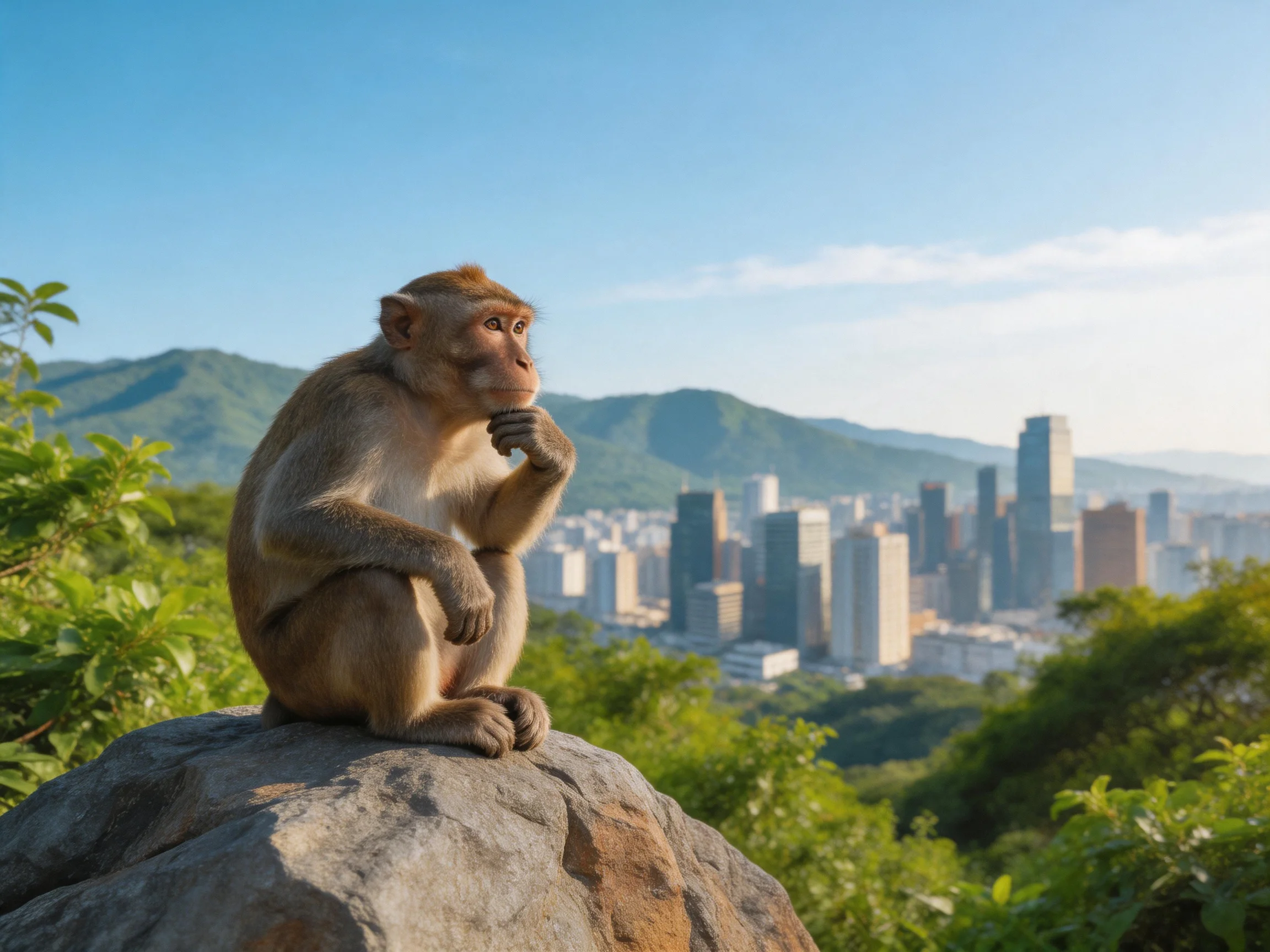 A contemplative monkey sits on a rock overlooking a city and mountains