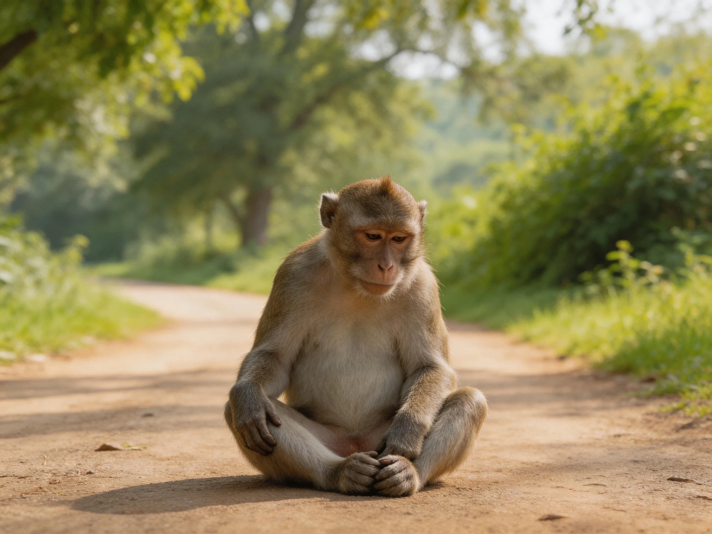 A contemplative monkey sits on a sunlit dirt path surrounded by lush greenery