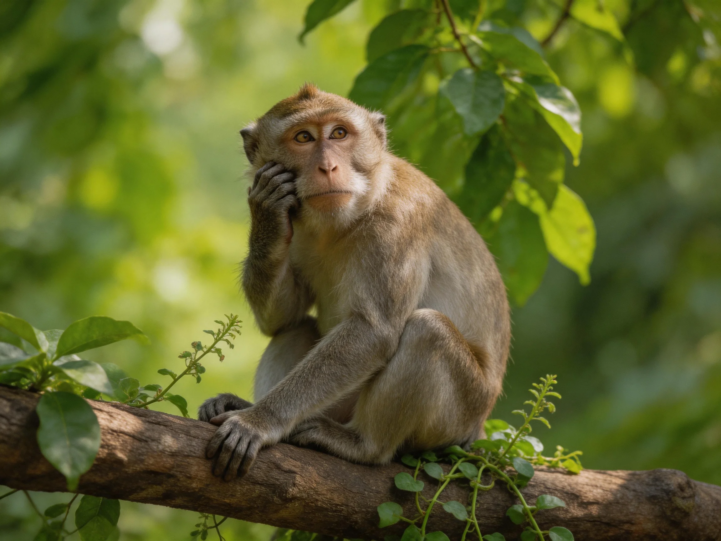 A contemplative monkey sits on a thick brown tree branch amid lush green foliage