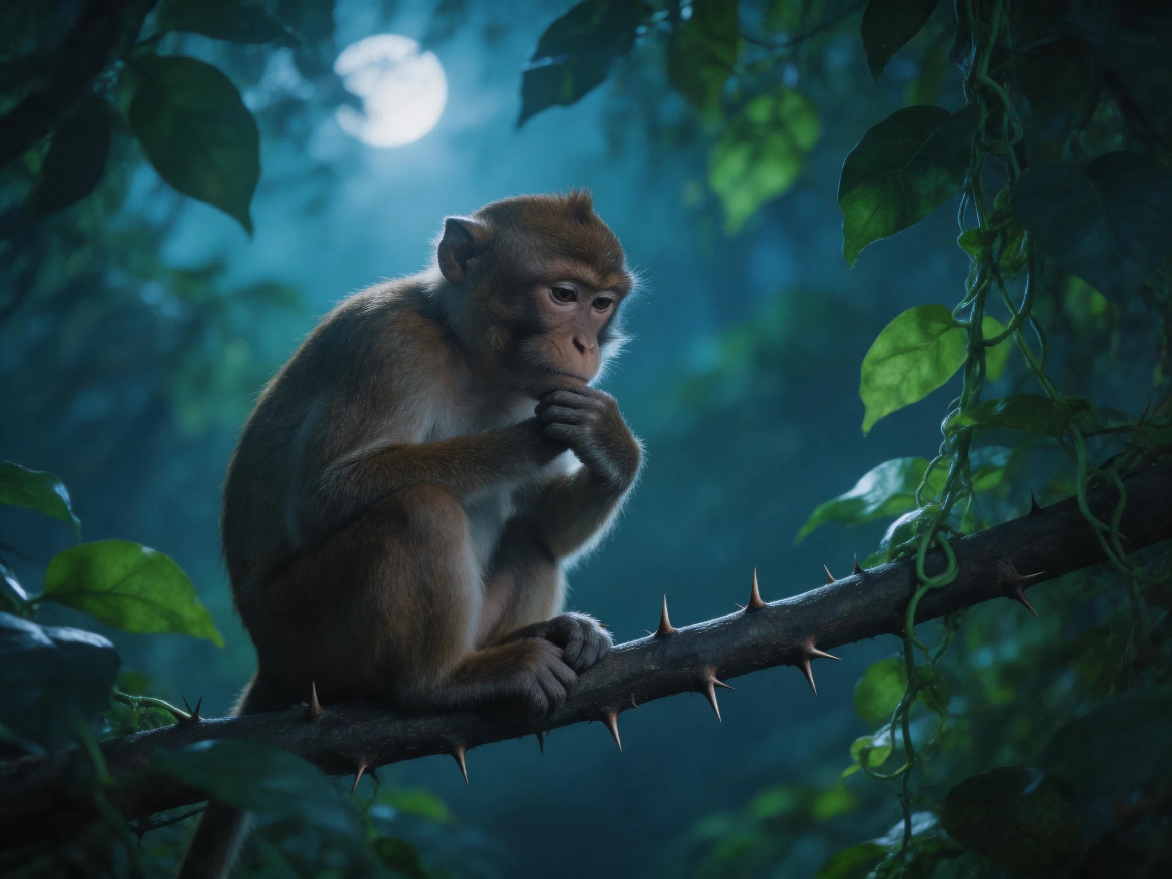 A monkey sits thoughtfully on a thorny branch amid moonlit jungle foliage.