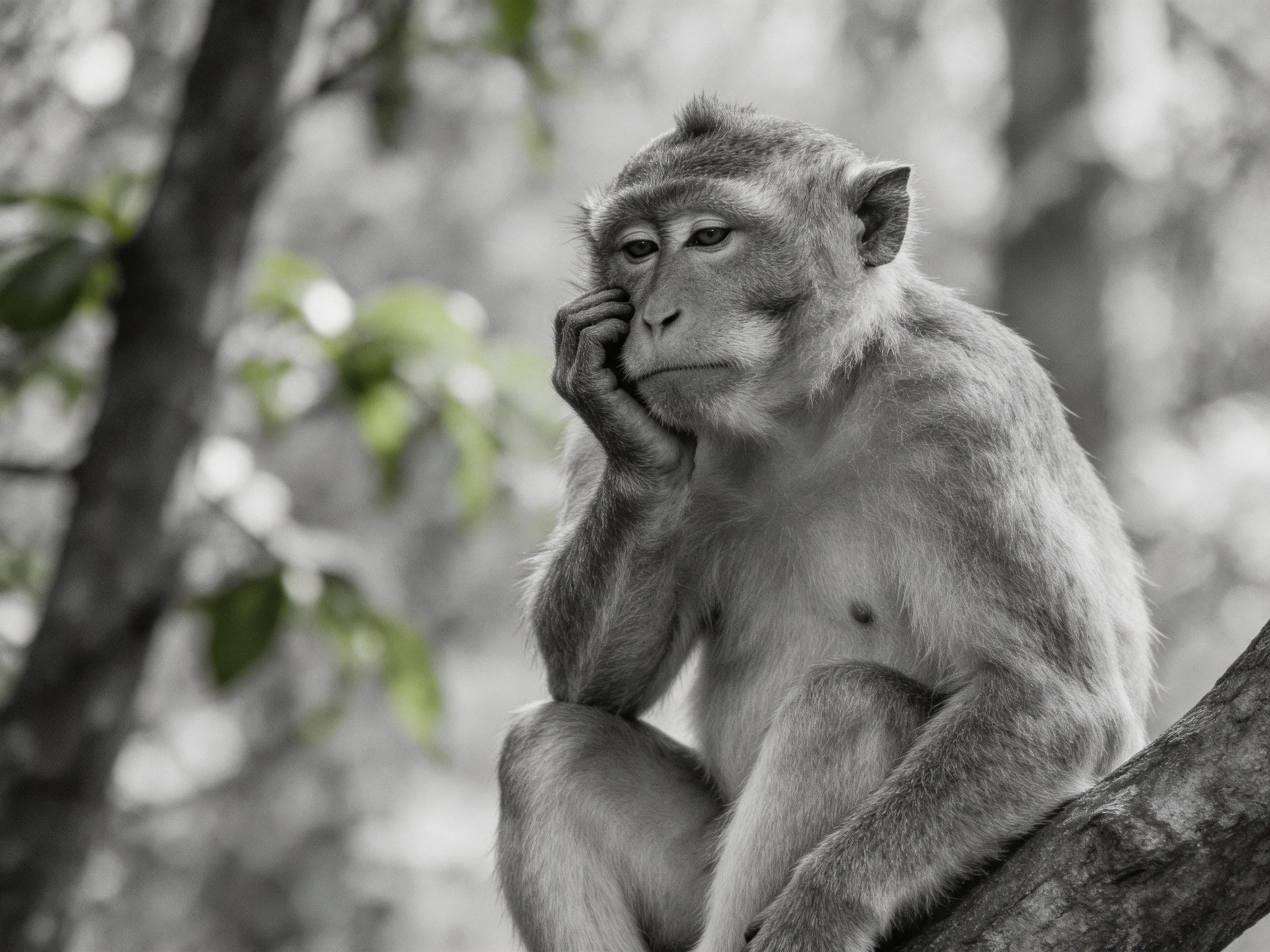 A contemplative monkey sits on a tree branch amid blurred forest surroundings